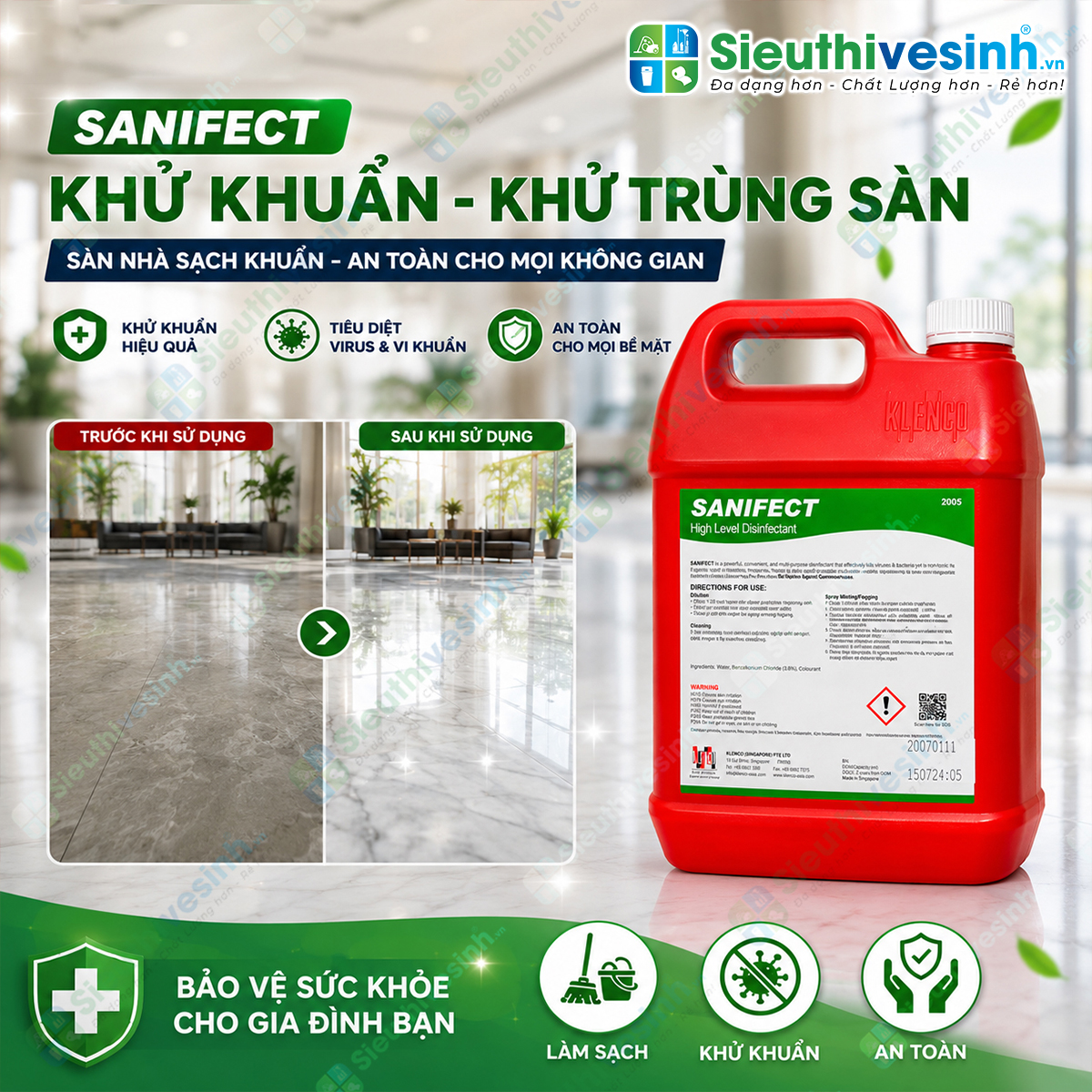Klenco SANIFECT 5L là dung dịch khử trùng, khử khuẩn và khử mùi chuyên dụng, giúp làm sạch bề mặt và góp phần tạo môi trường vệ sinh an toàn.