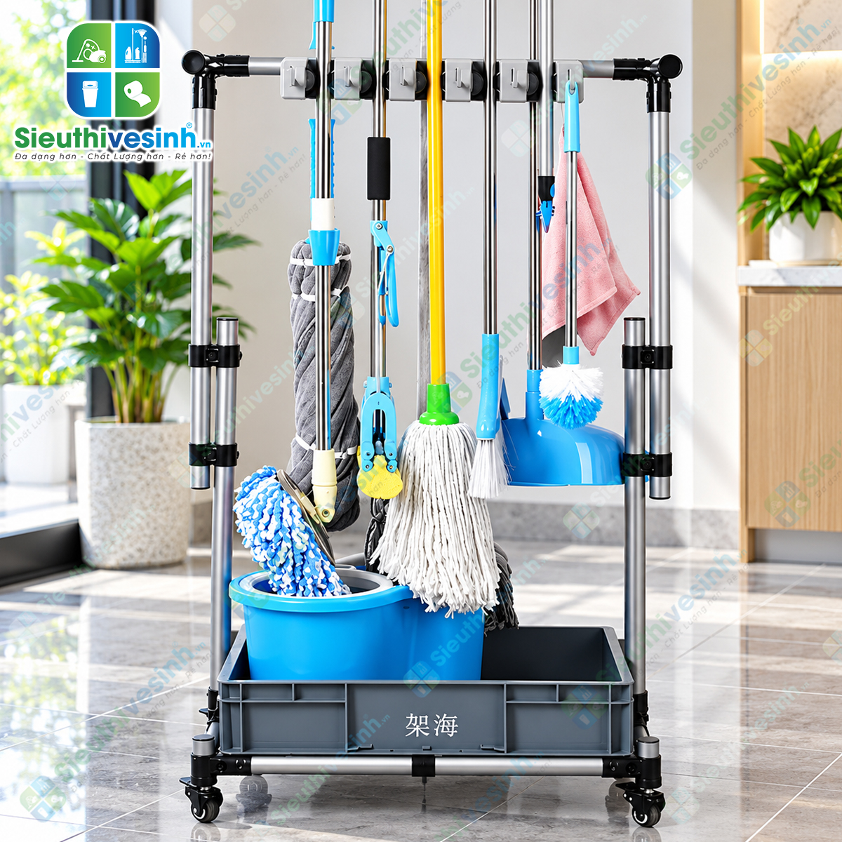 Giá treo cây lau nhà FY1012H dùng để treo, sắp xếp và trưng bày chổi, cây lau nhà, cây gạt nước và dụng cụ vệ sinh.