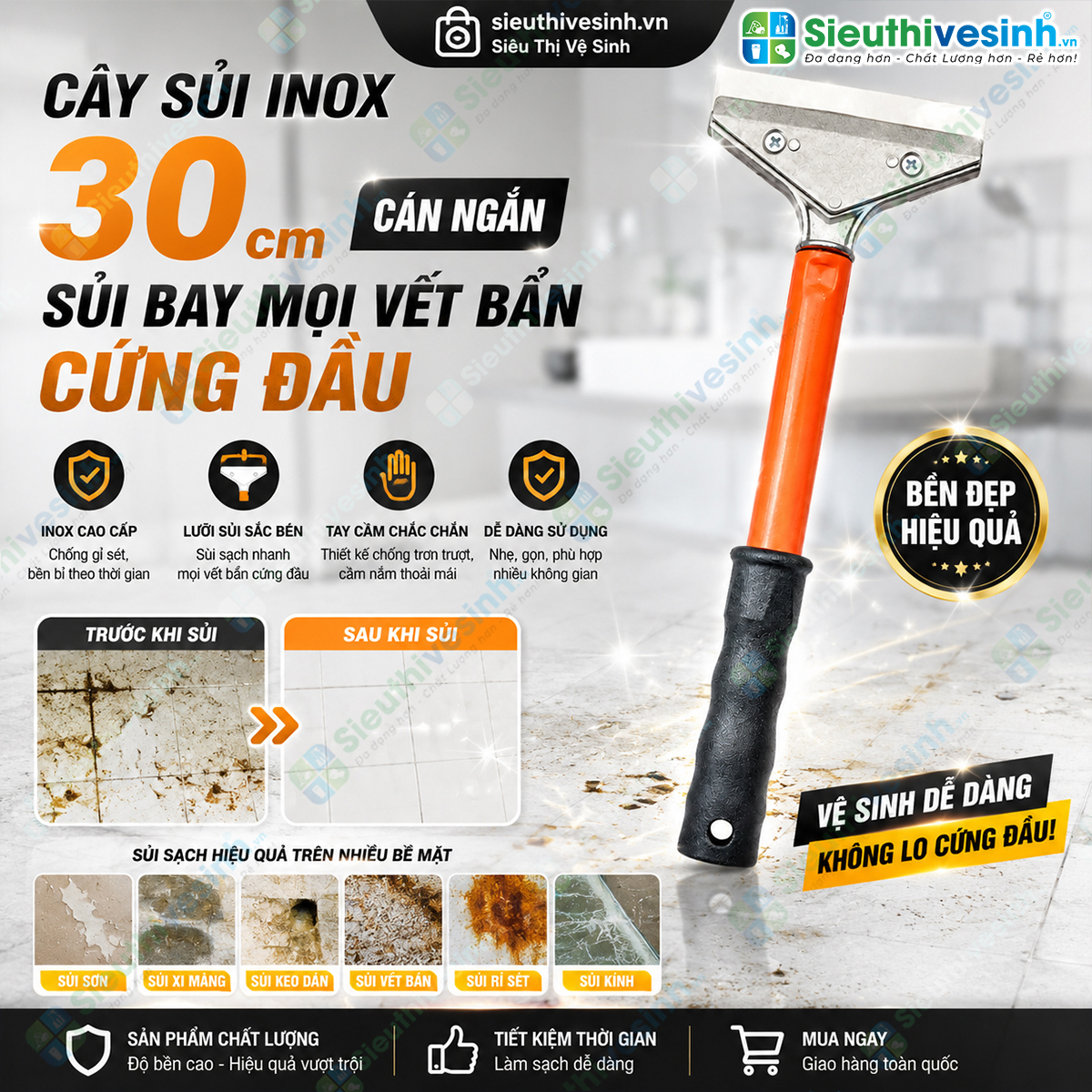 Cây sủi inox cán ngắn 30cm với lưỡi inox rộng 10cm giúp cạo sạch sơn, keo, silicon và xi măng trên kính, gạch men và inox.