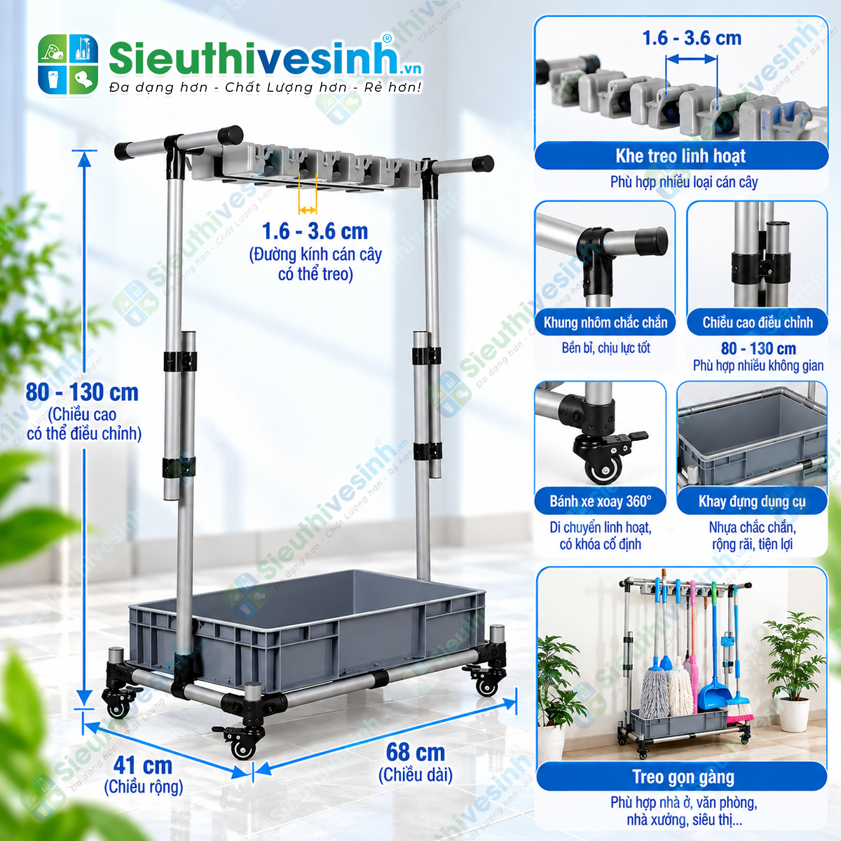 Giá treo cây lau nhà FY1012H dùng để treo, sắp xếp và trưng bày chổi, cây lau nhà, cây gạt nước và dụng cụ vệ sinh.