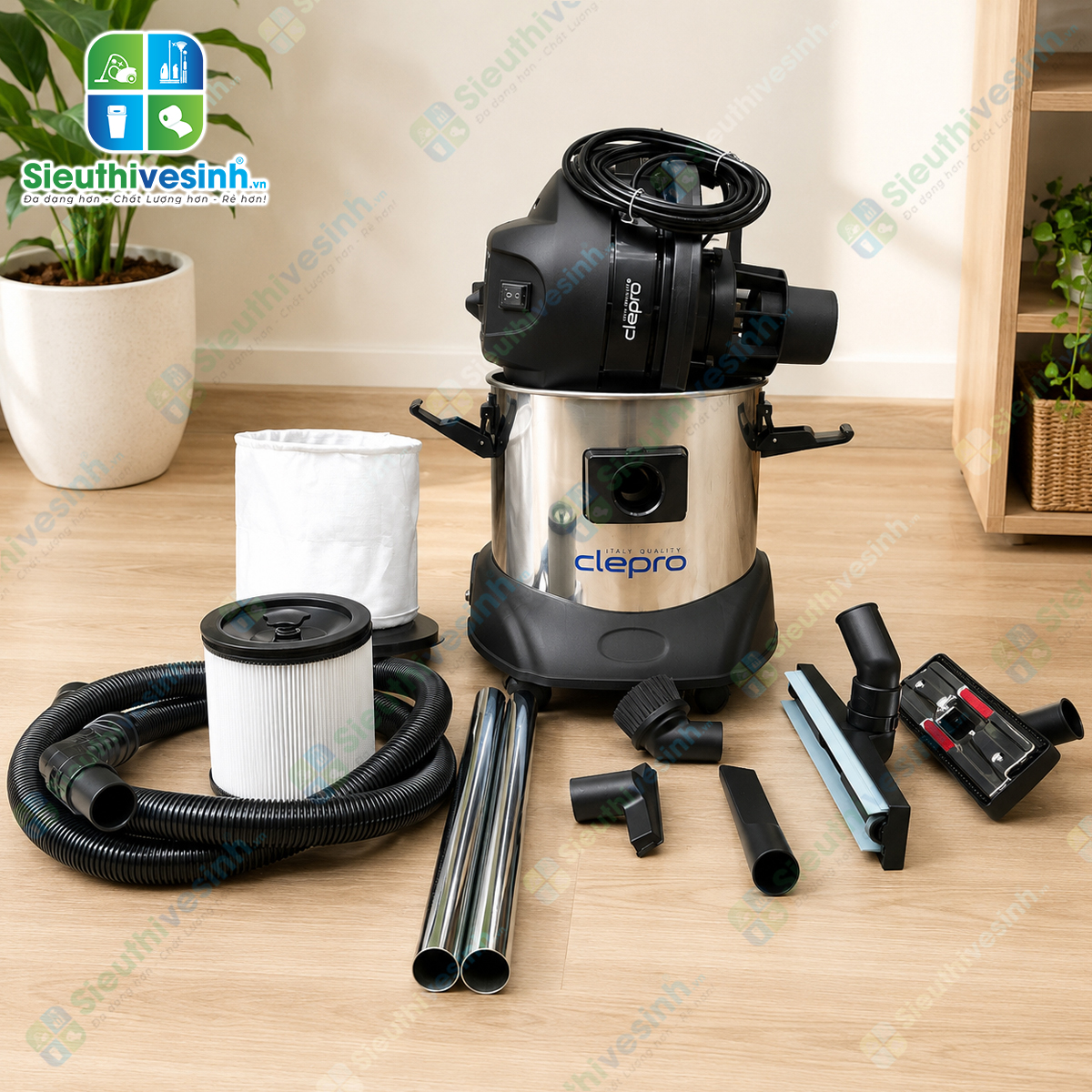 Máy hút bụi công nghiệp CLEPRO S1/15 dung tích 15 lít, công suất 1200W, chuyên dùng hút bụi khô và hút nước cho văn phòng, khách sạn và gia đình.