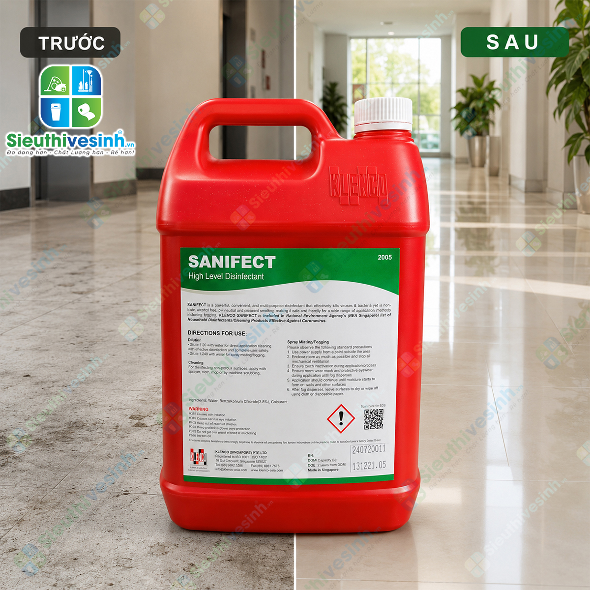 Klenco SANIFECT 5L là dung dịch khử trùng, khử khuẩn và khử mùi chuyên dụng, giúp làm sạch bề mặt và góp phần tạo môi trường vệ sinh an toàn.