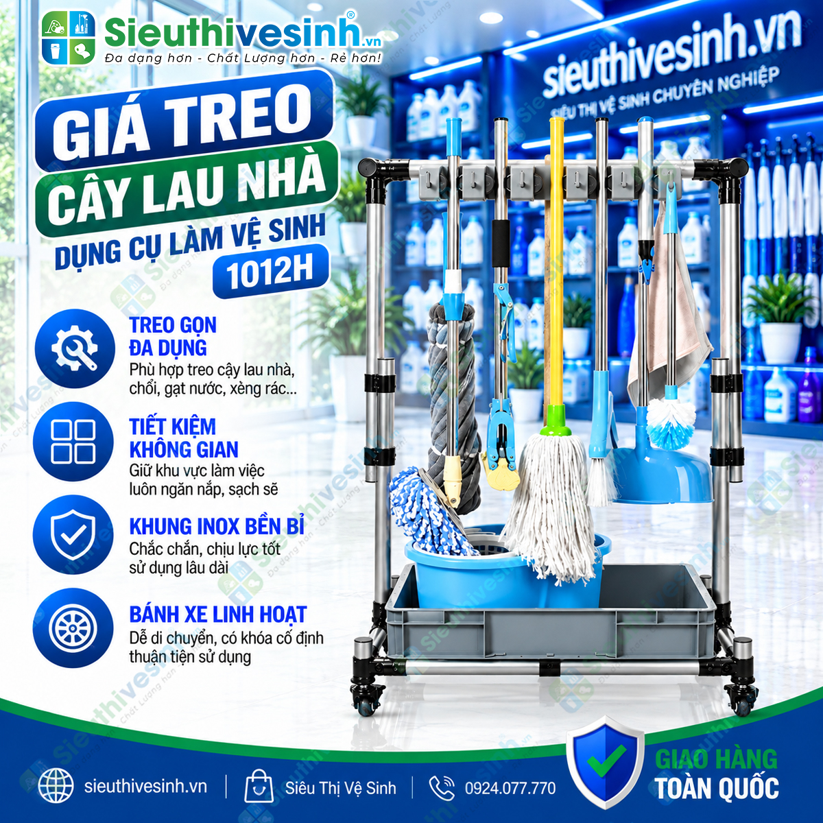 Giá treo cây lau nhà FY1012H dùng để treo, sắp xếp và trưng bày chổi, cây lau nhà, cây gạt nước và dụng cụ vệ sinh.