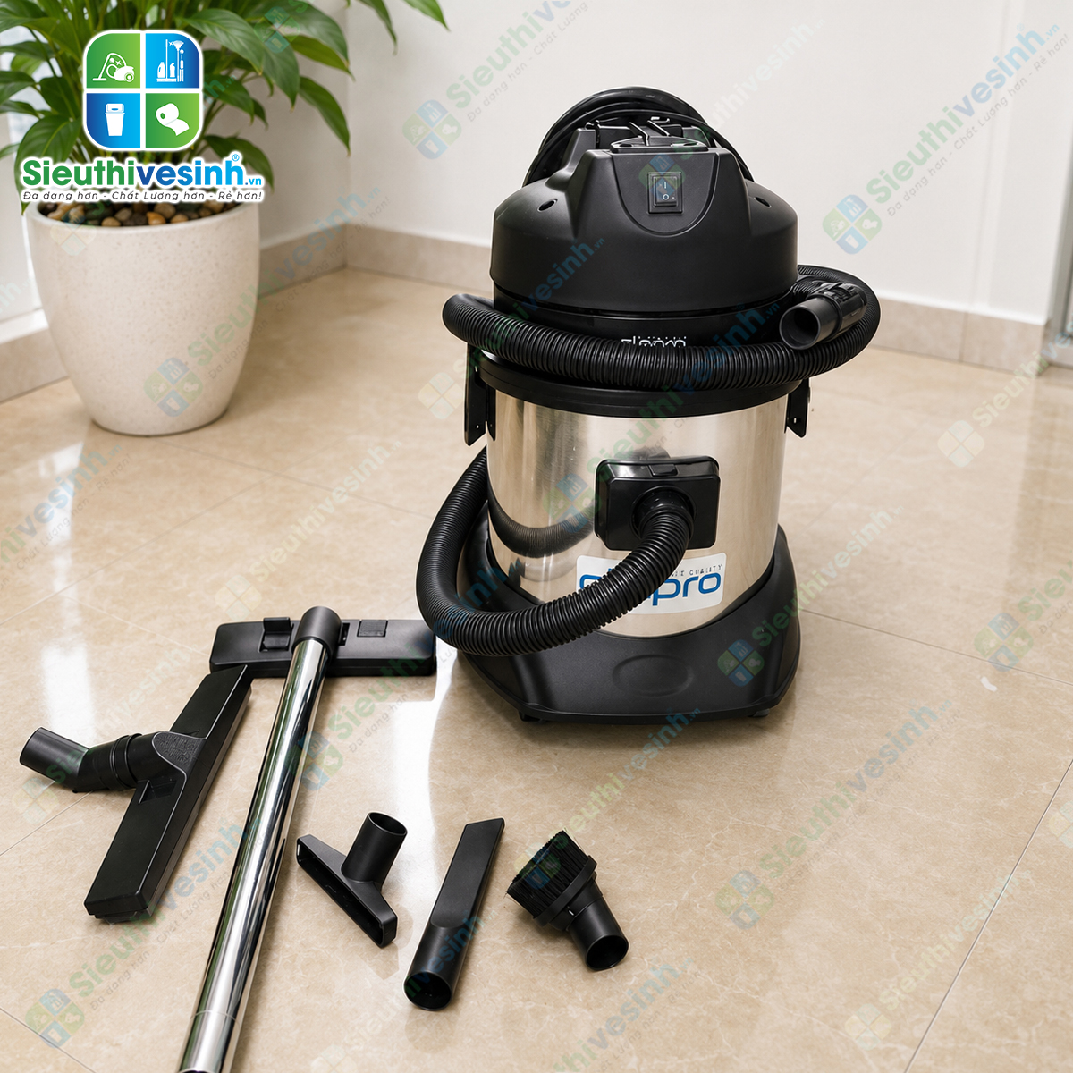 Máy hút bụi công nghiệp CLEPRO S1/15 dung tích 15 lít, công suất 1200W, chuyên dùng hút bụi khô và hút nước cho văn phòng, khách sạn và gia đình.