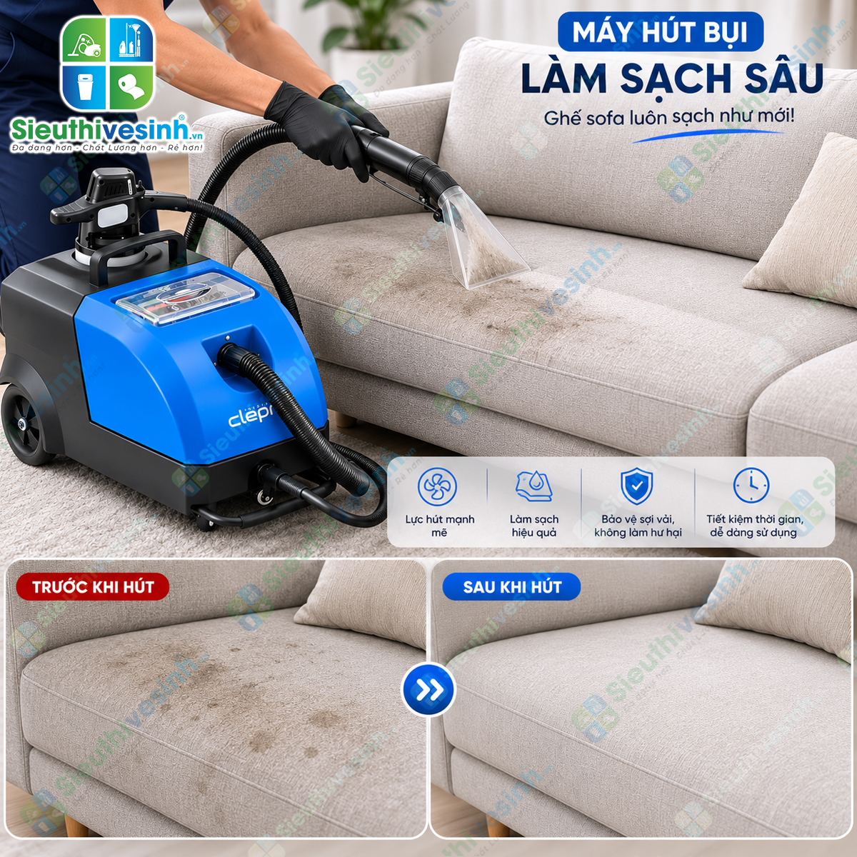 Máy giặt ghế Sofa CLEPRO C1/18F sử dụng công nghệ phun hút hiện đại giúp làm sạch sâu ghế sofa, thảm, nệm và nội thất ô tô.