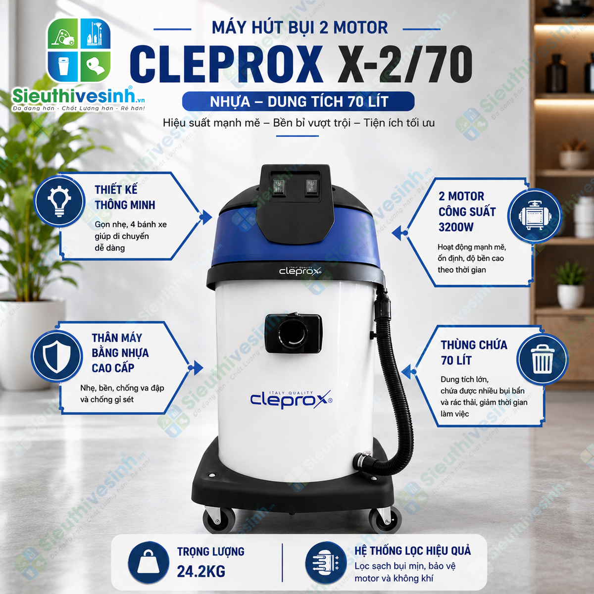 Máy hút bụi công nghiệp khô ướt CleproX X2/70 thùng nhựa