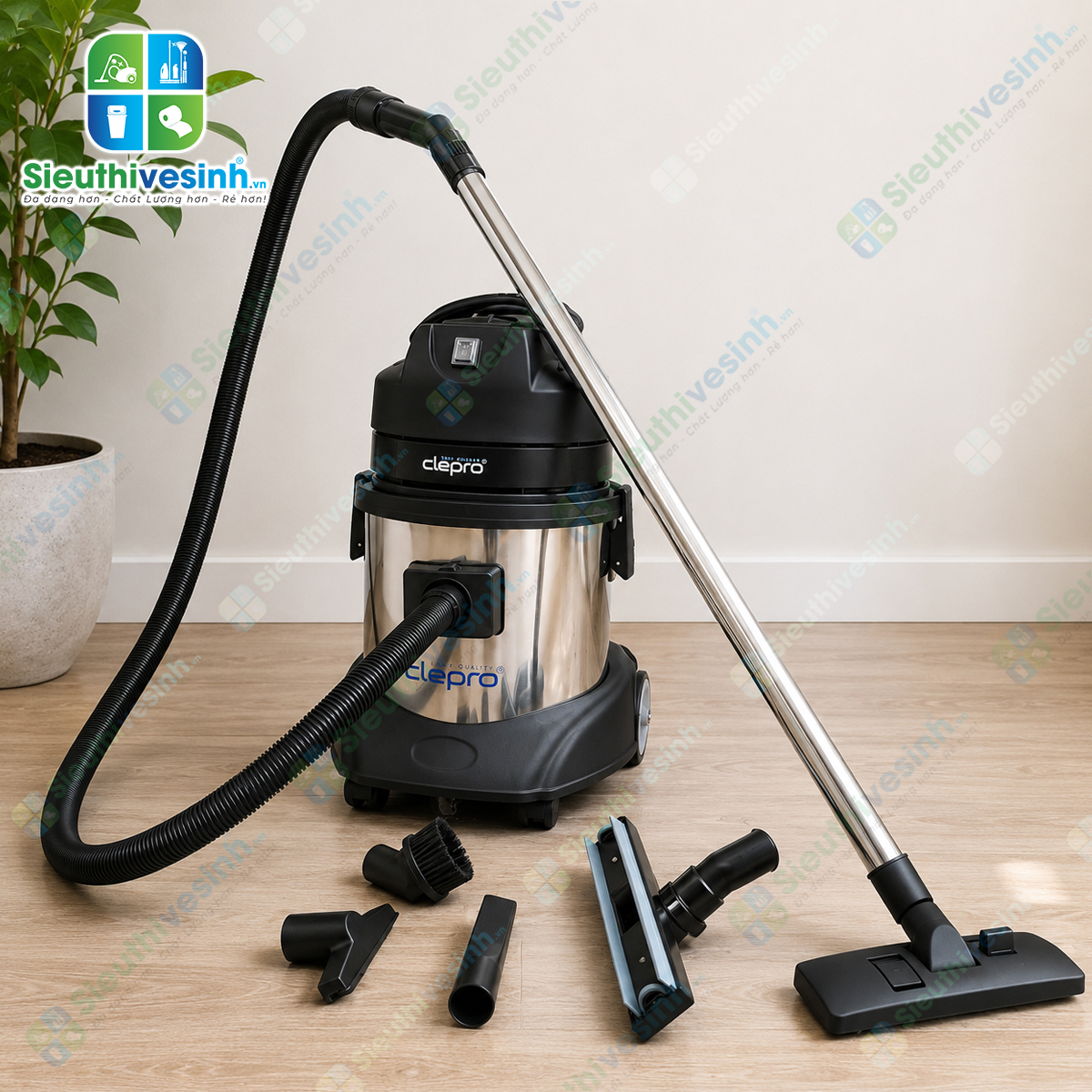 Máy hút bụi công nghiệp CLEPRO S1/15 dung tích 15 lít, công suất 1200W, chuyên dùng hút bụi khô và hút nước cho văn phòng, khách sạn và gia đình.