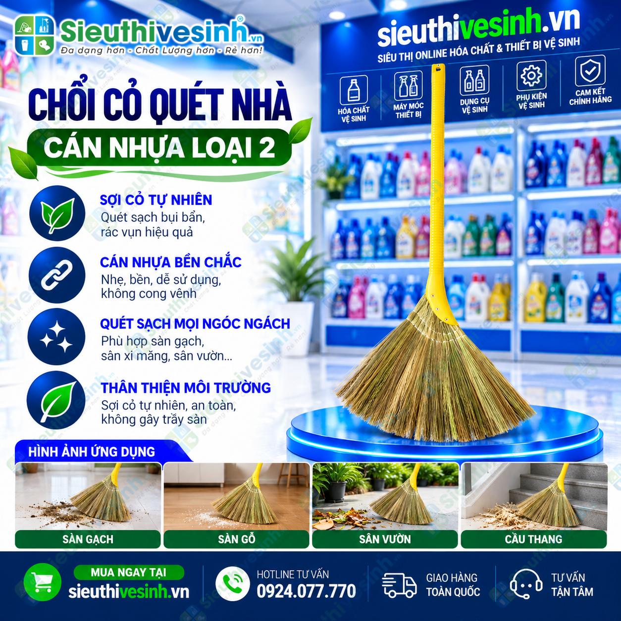 Chổi Cỏ Quét Nhà Cán Nhựa Loại 2