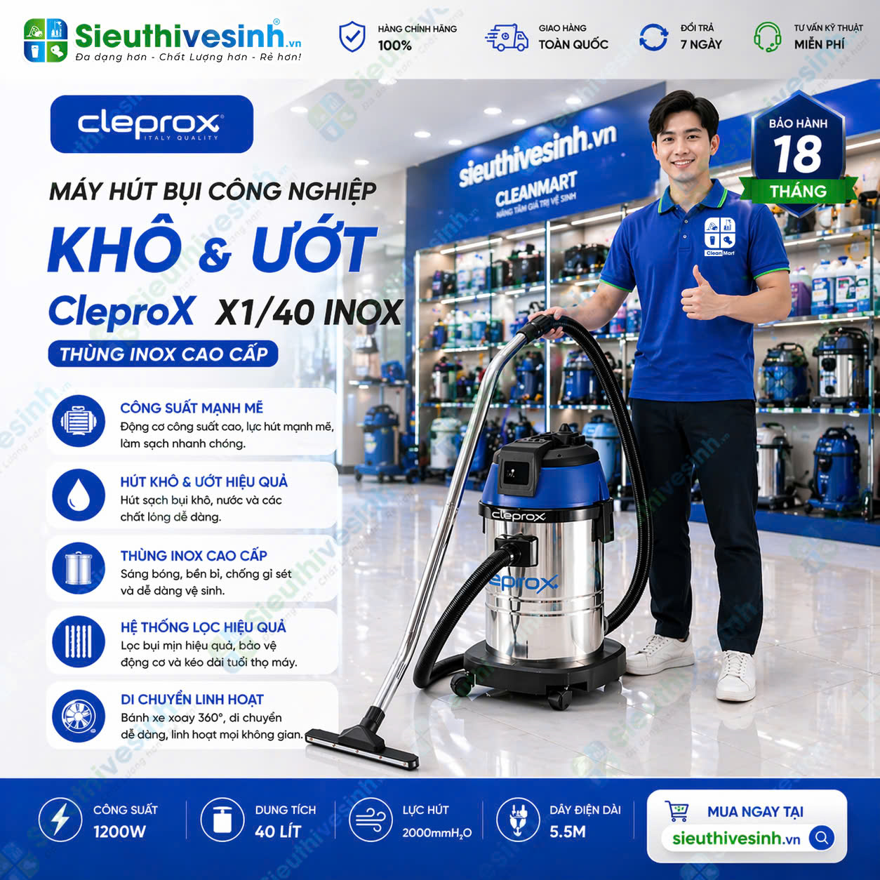 Máy hút bụi công nghiệp khô ướt CleproX X1