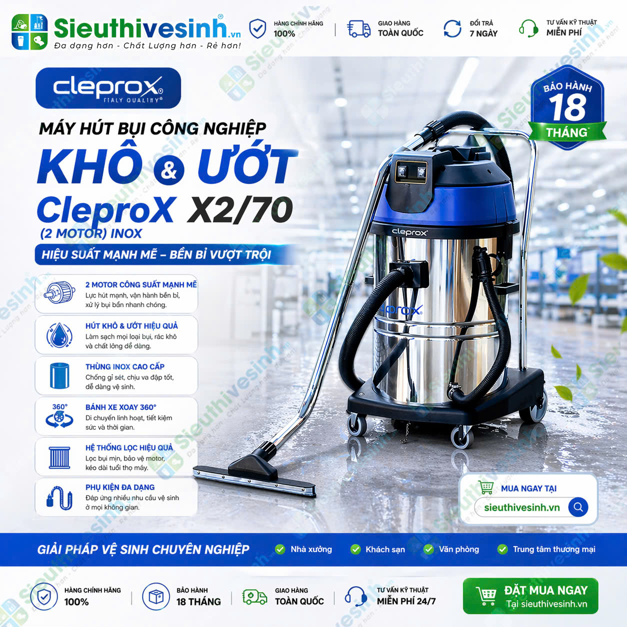 Máy hút bụi công nghiệp khô ướt CleproX X2/70 thùng inox