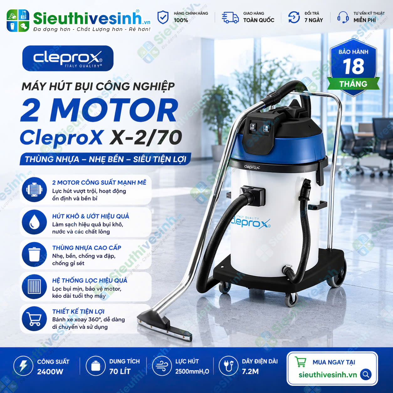 Máy hút bụi công nghiệp khô ướt CleproX X2/70 thùng nhựa