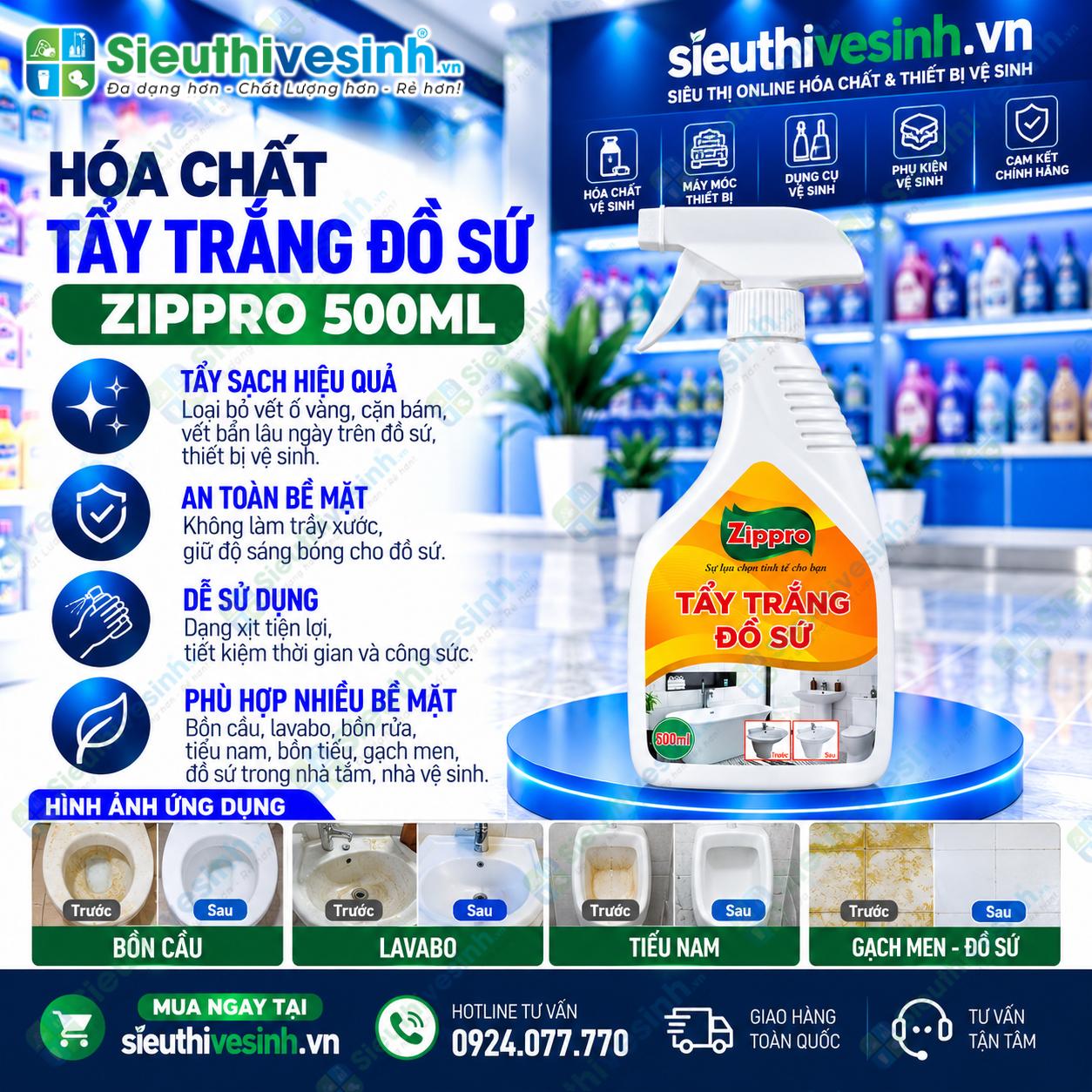 Hóa chất tẩy trắng đồ sứ Zippro 500ml