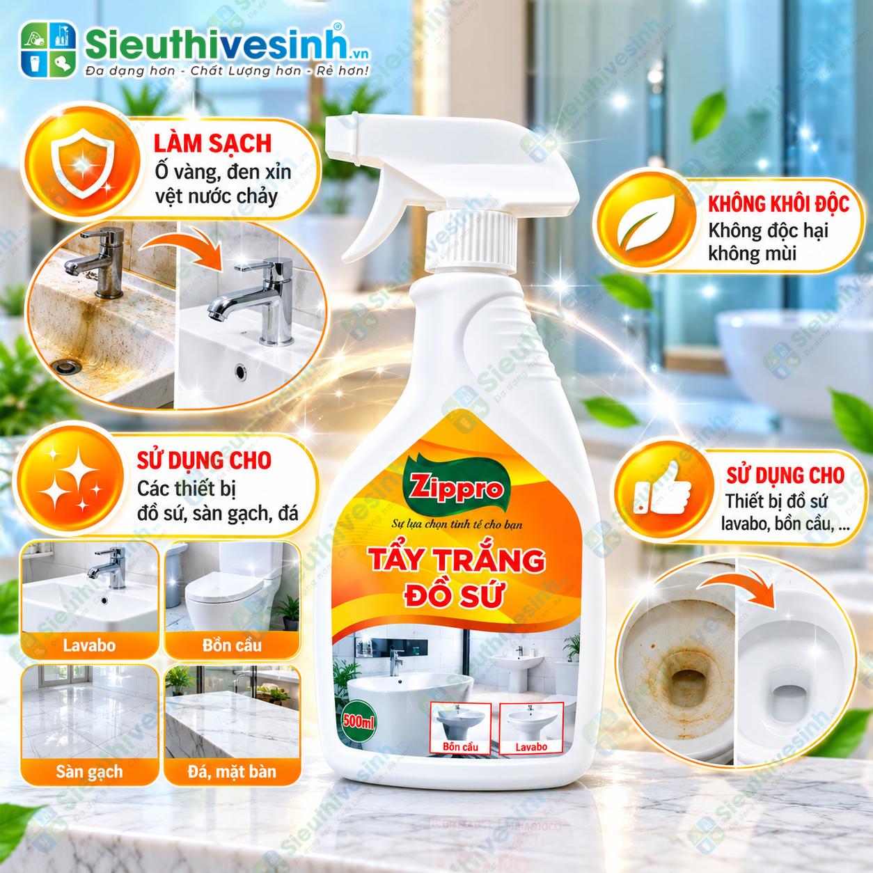 Dung dịch Zippro tẩy trắng và vệ sinh đồ sứ 500ml