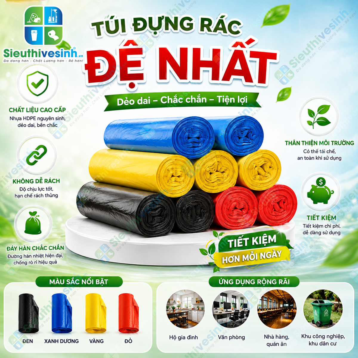 Túi đựng rác MÀU Đệ Nhất trung 55x65cm (1kg/3 cuộn)