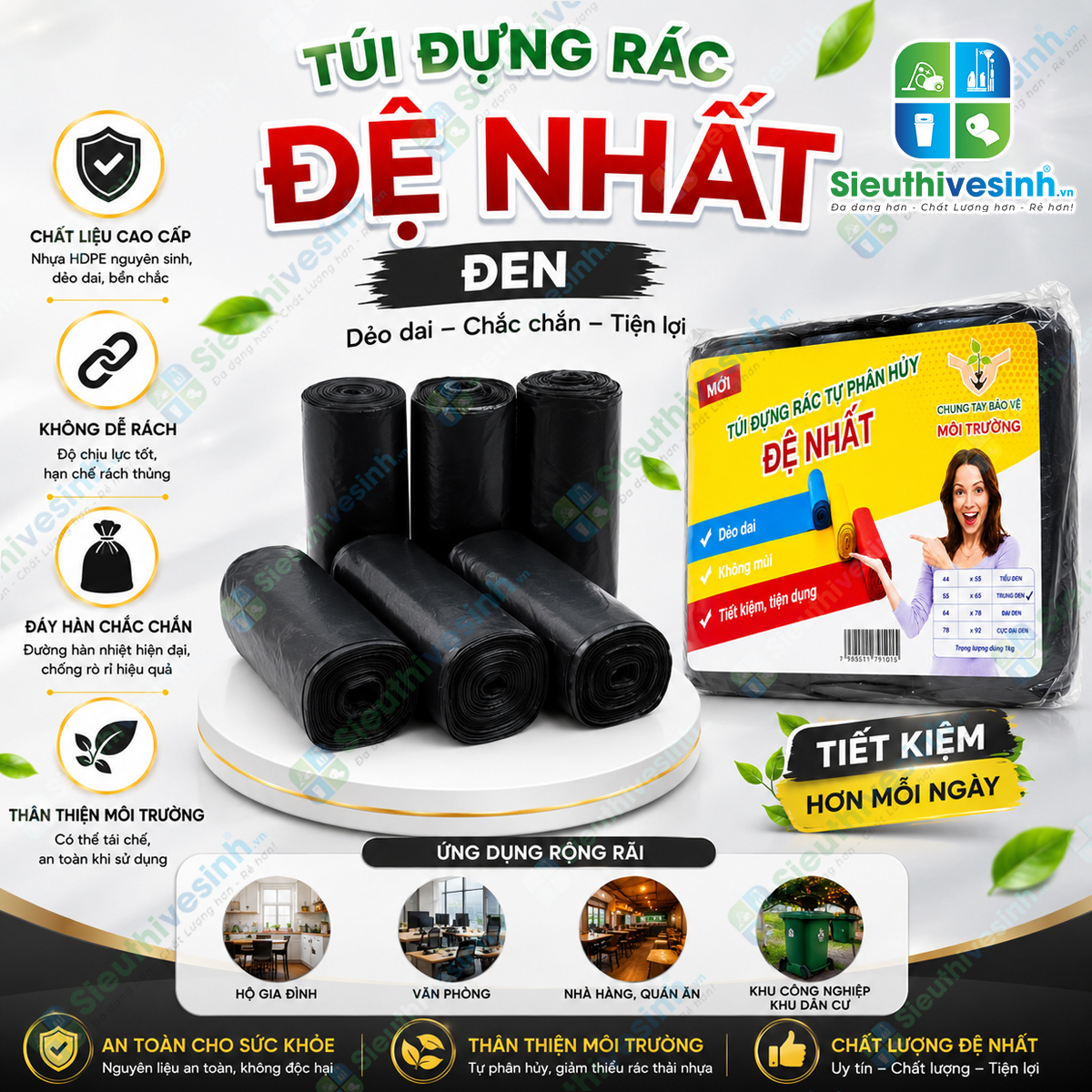 Túi đựng rác đen Đệ Nhất đại 64x78cm (1kg/3 cuộn)
