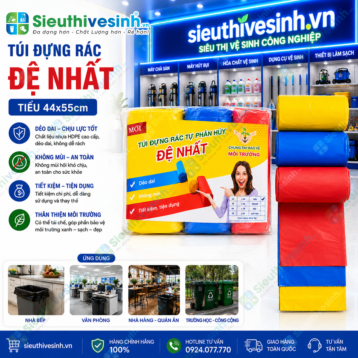 Túi đựng rác MÀU Đệ Nhất tiểu 44x55cm (1kg/3 cuộn)