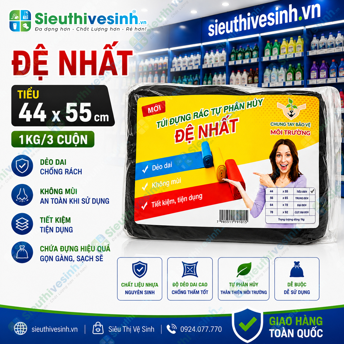 Túi đựng rác đen Đệ Nhất tiểu 44x55cm (1kg/3 cuộn)