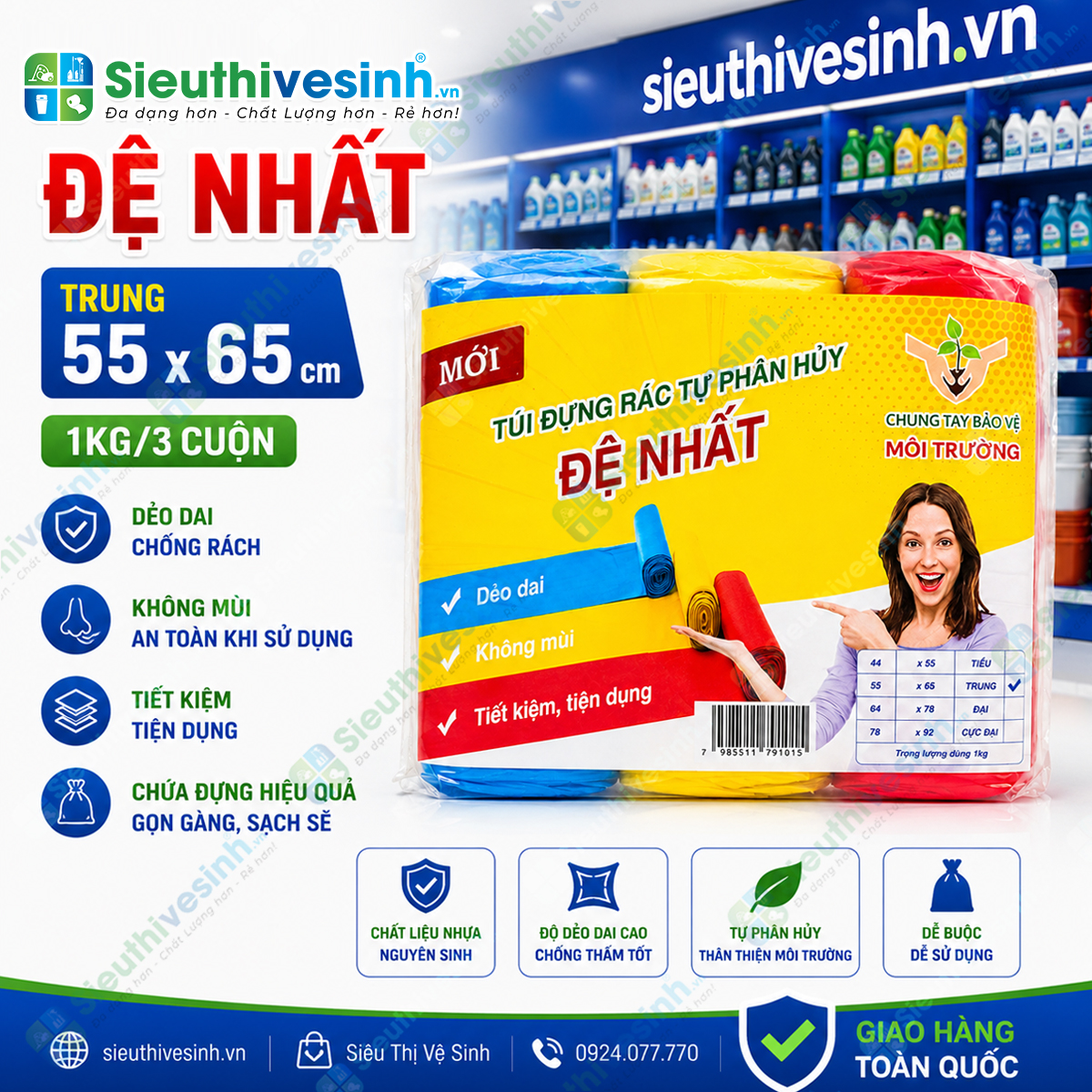 Túi đựng rác MÀU Đệ Nhất trung 55x65cm (1kg/3 cuộn)