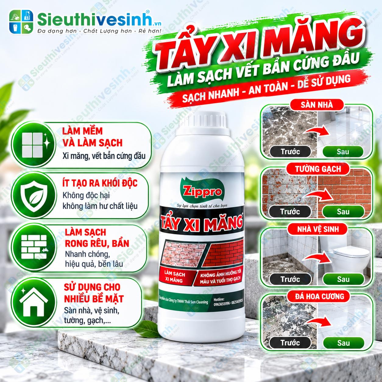 Dung dịch Zippro tẩy cặn xi măng sau xây dựng 1 lít