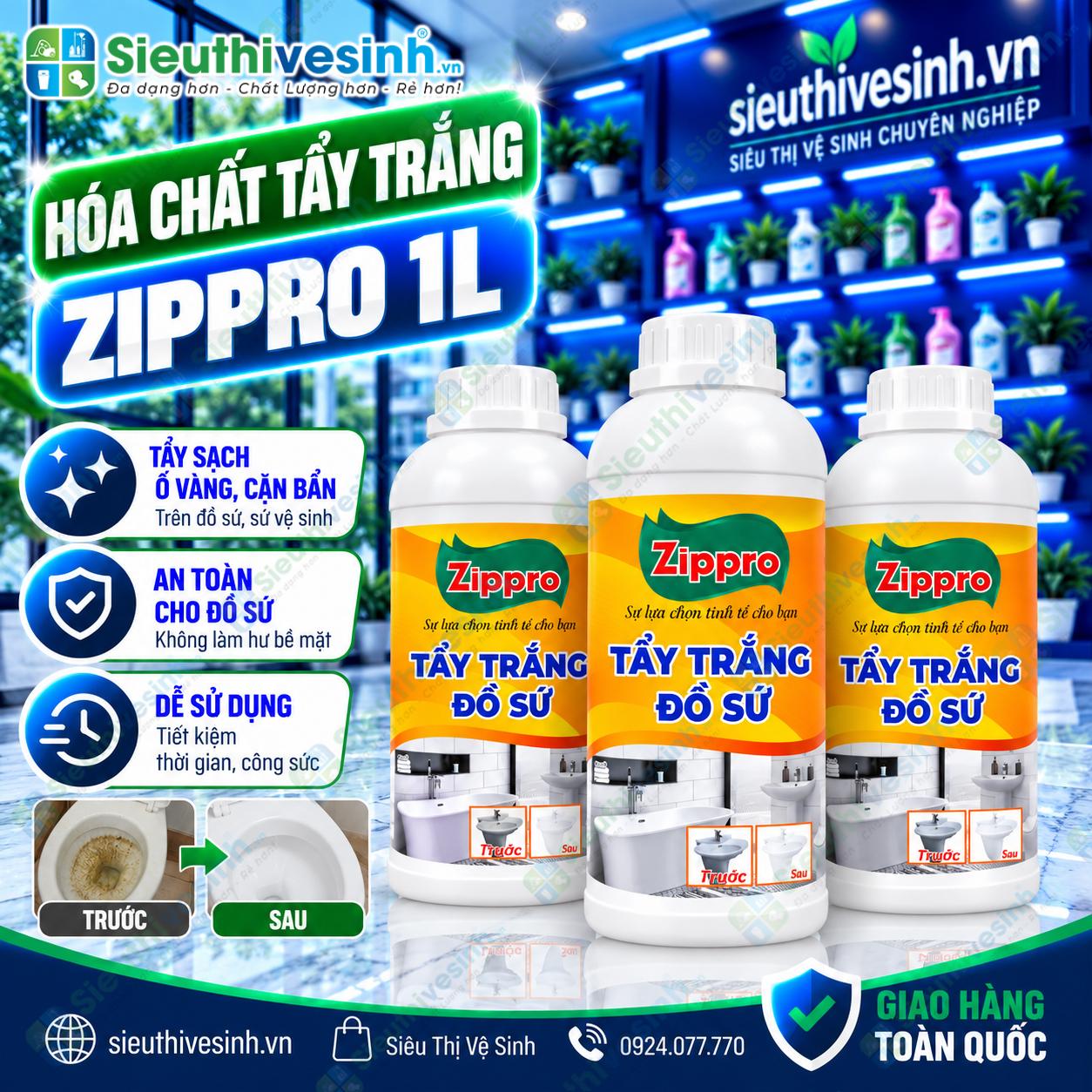 Dung dịch Zippro tẩy trắng và vệ sinh đồ sứ dung tích 1 lít