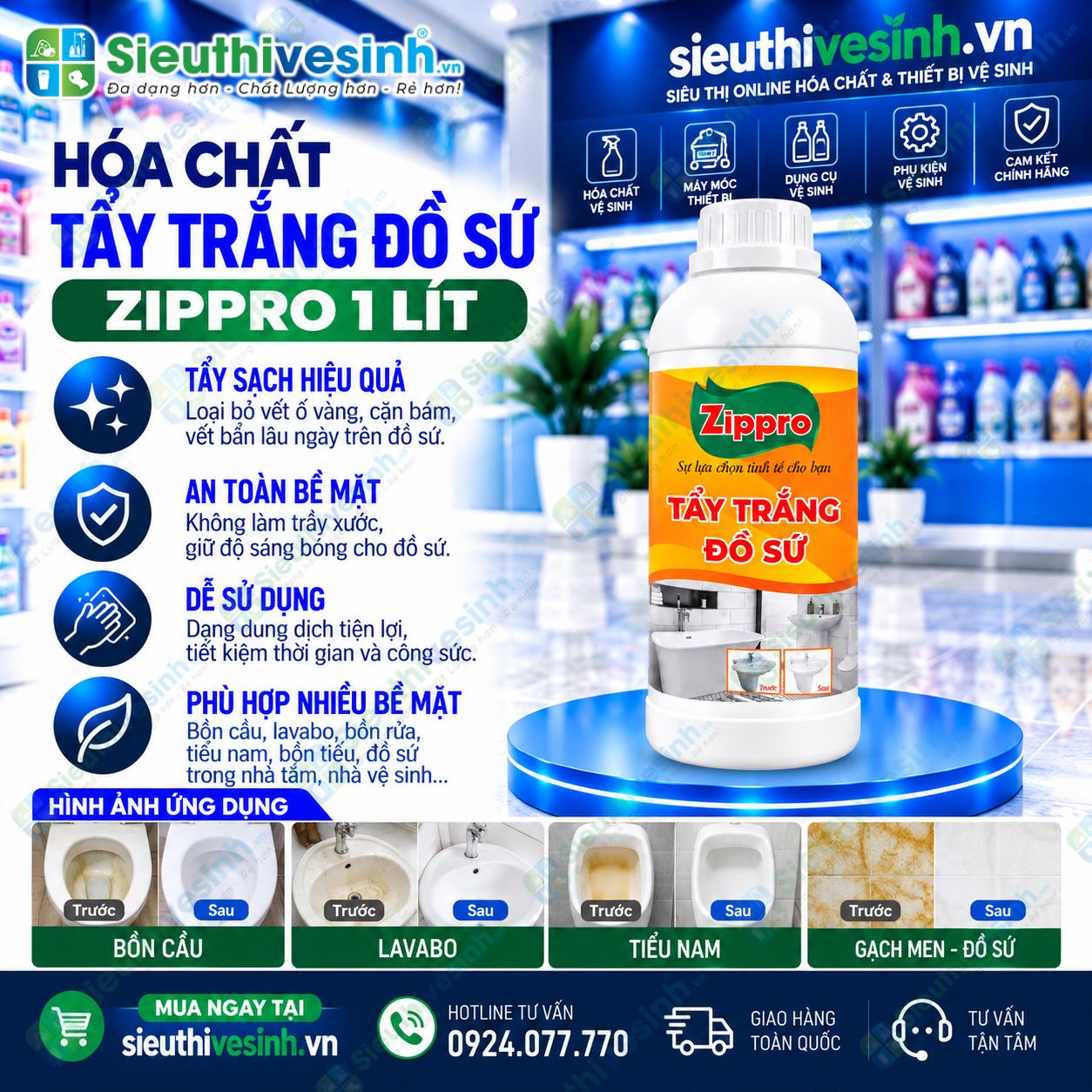 Hóa chất tẩy trắng đồ sứ Zippro 1L