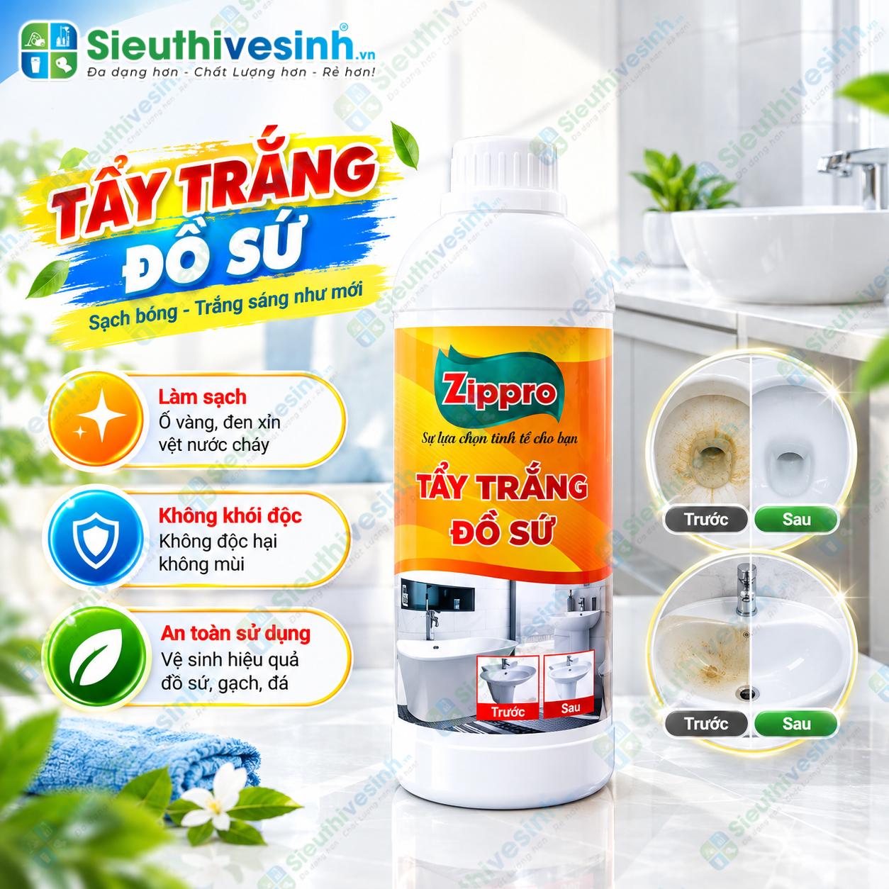 Dung dịch Zippro tẩy trắng và vệ sinh đồ sứ dung tích 1 lít