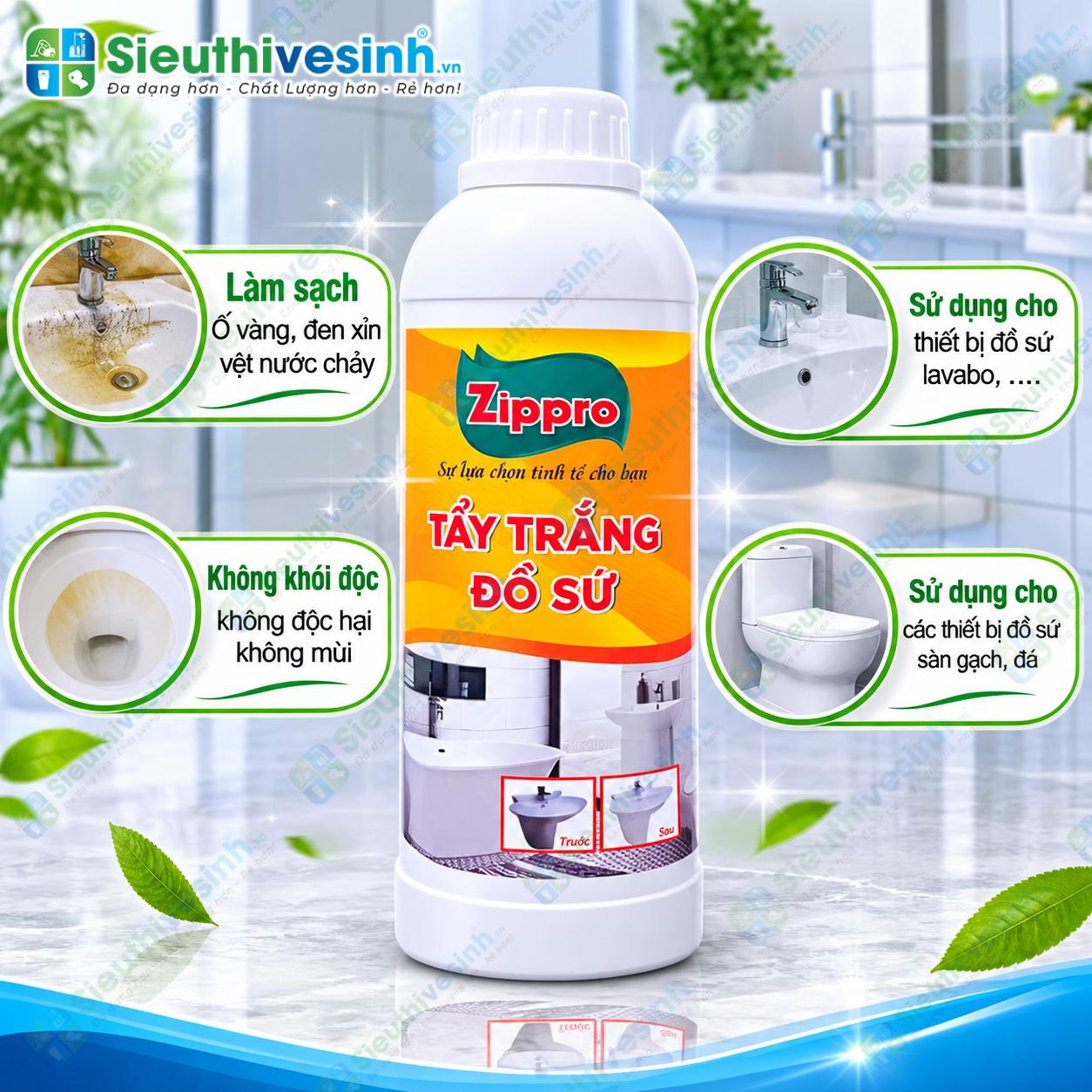 Dung dịch Zippro tẩy trắng và vệ sinh đồ sứ dung tích 1 lít