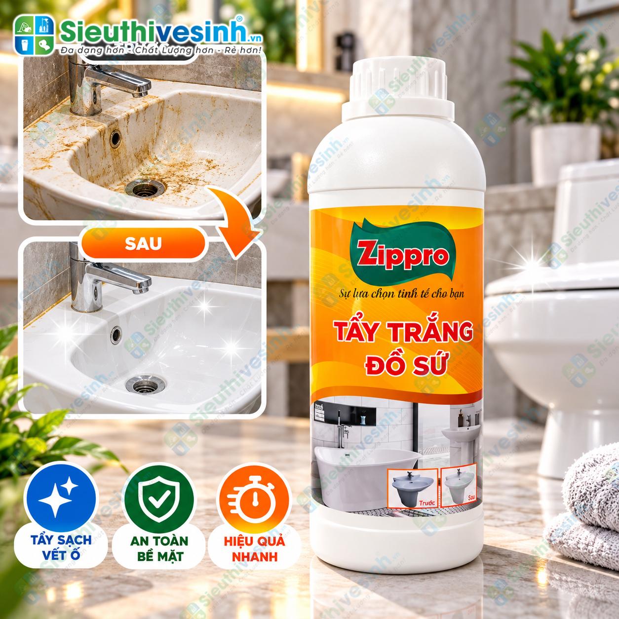Dung dịch Zippro tẩy trắng và vệ sinh đồ sứ dung tích 1 lít