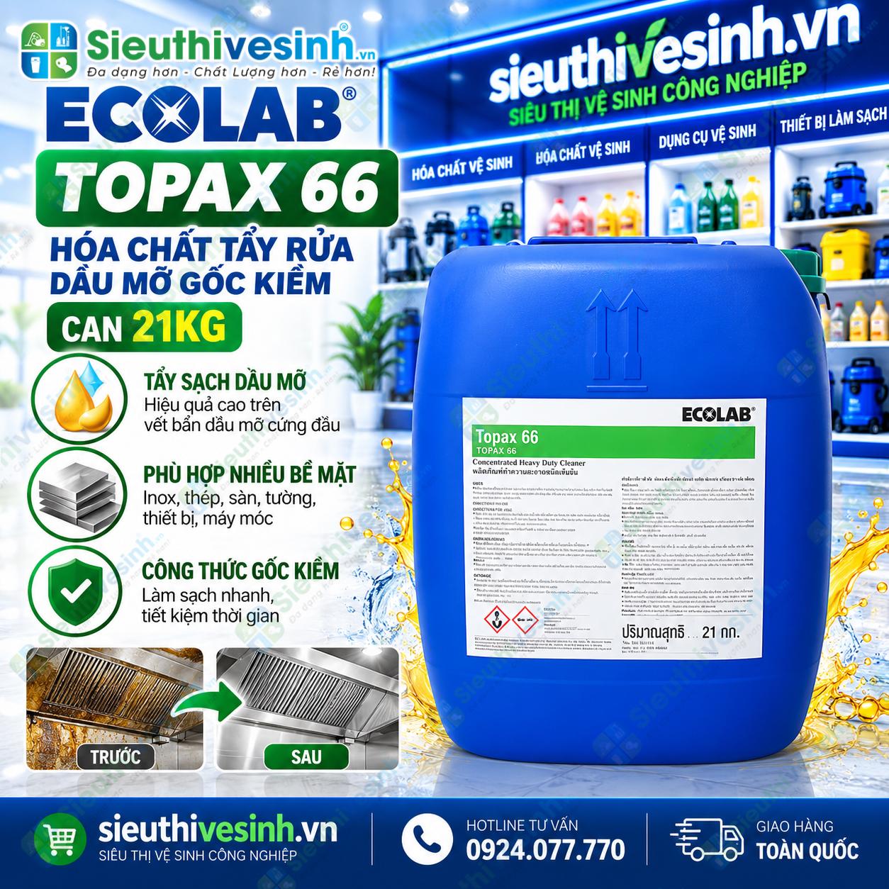 Hóa chất tẩy rửa dầu mỡ gốc kiềm Ecolab TOPAX 66 can 21Kg.