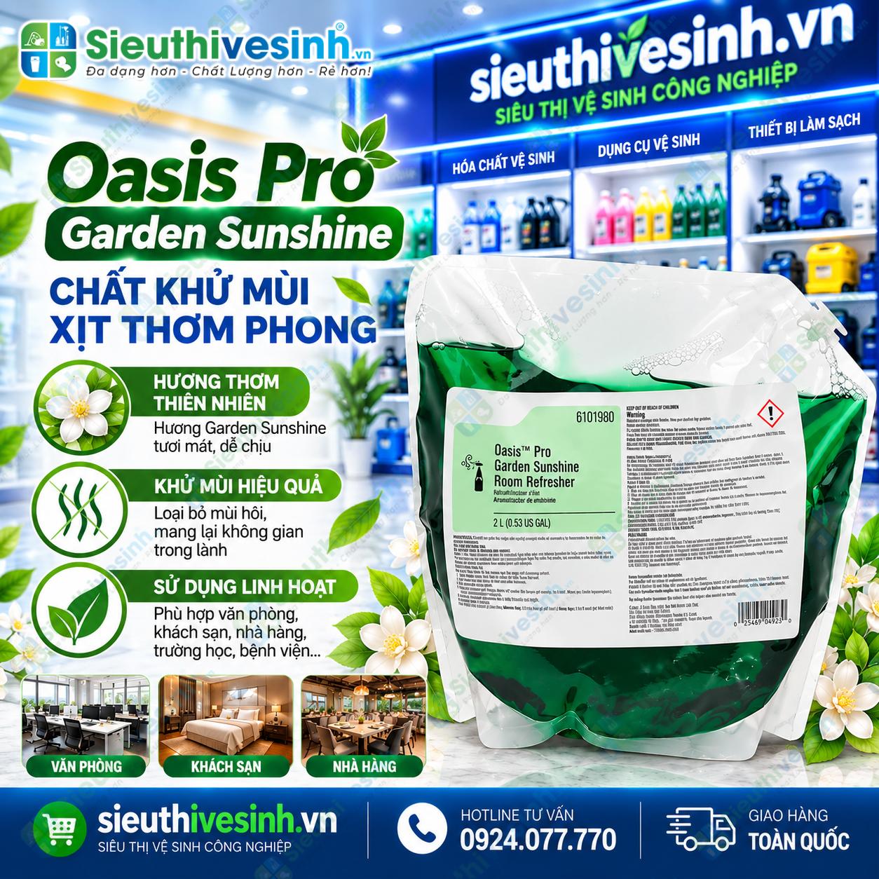 Chất khử mùi, xịt thơm phòng Oasis Pro Garden Sunshine dùng tạo hương thơm cho không gian.