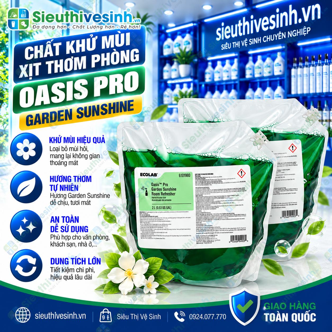 Chất khử mùi, xịt thơm phòng Oasis Pro Garden Sunshine dùng tạo hương thơm cho không gian.