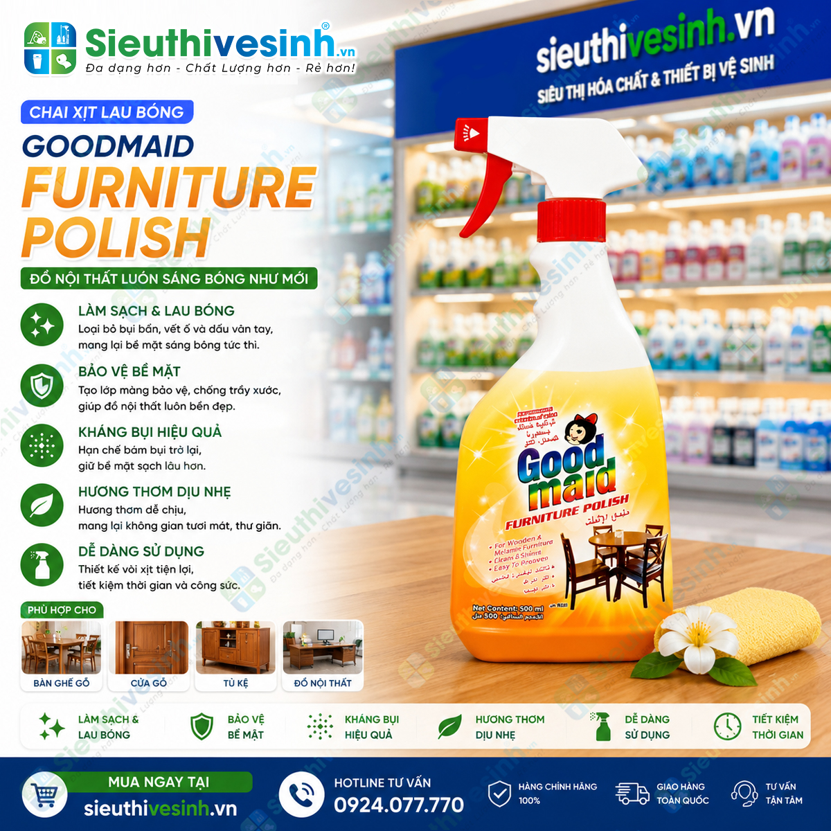 Chai xit lau bong do noi that Goodmaid Furniture Polish 500ml