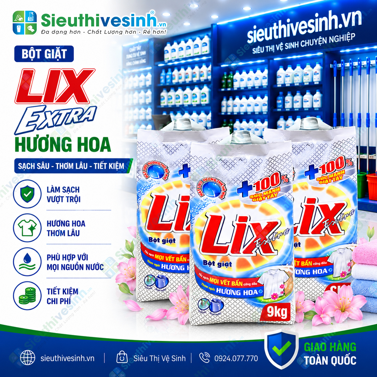 Bột giặt Lix Extra hương hoa 9kg