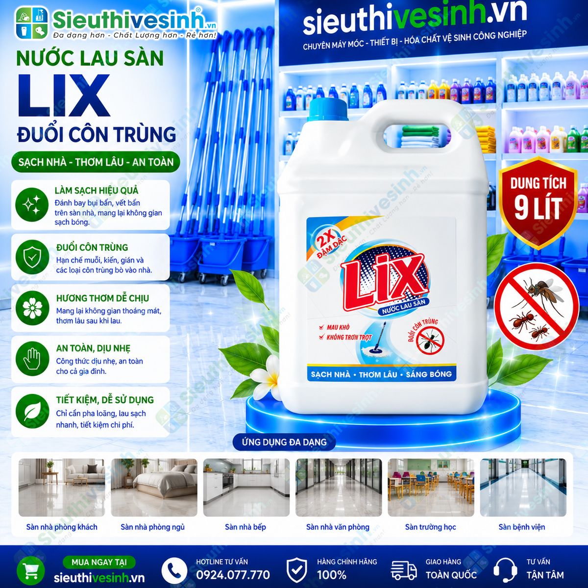 Nước lau sàn Lix đuổi côn trùng 9 lít