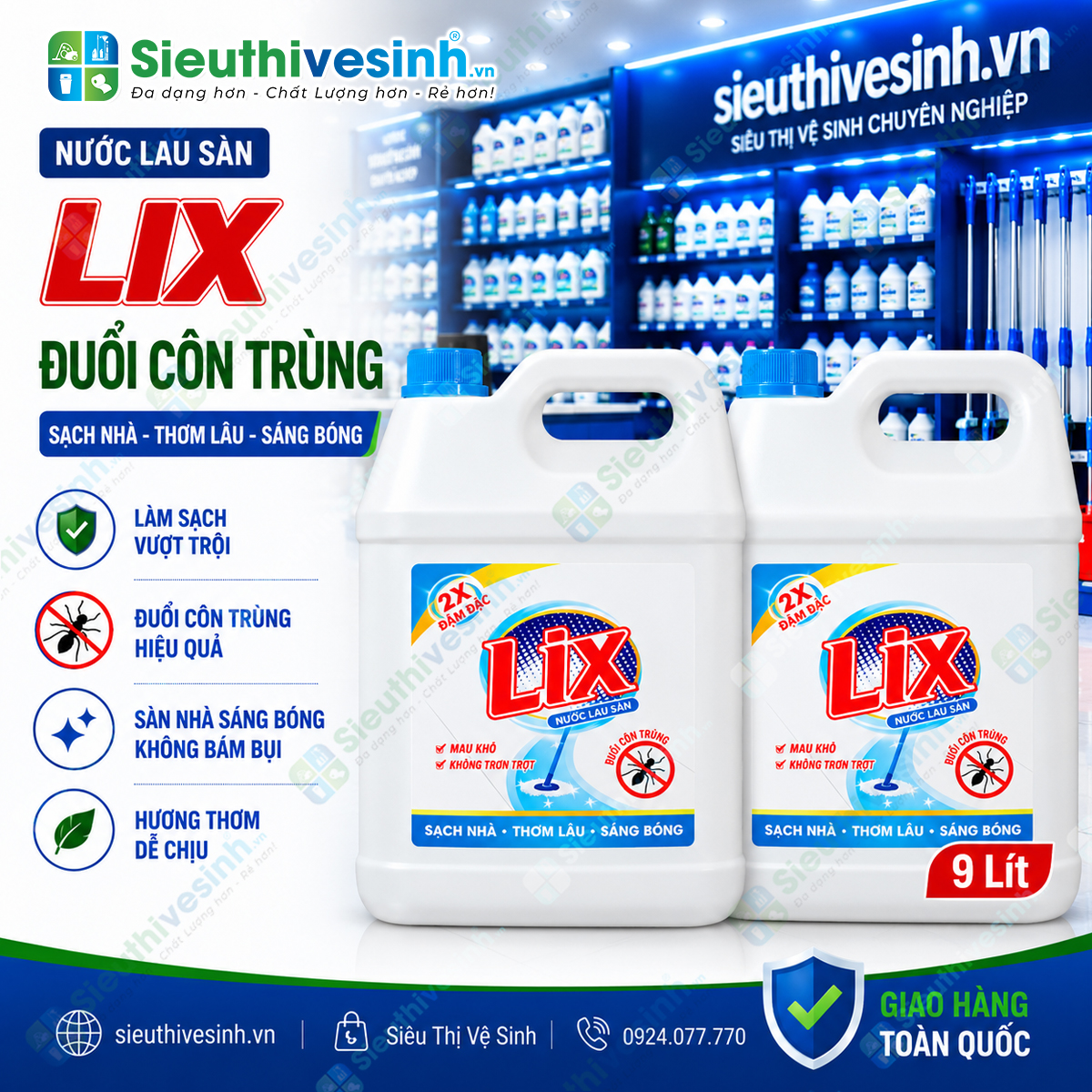 Nước lau sàn Lix đuổi côn trùng 9 lít