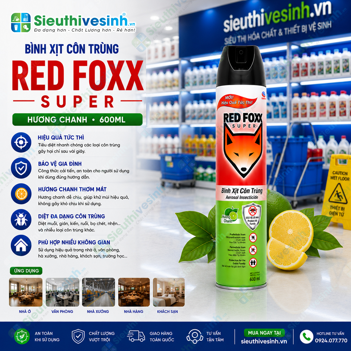Bình xịt côn trùng Red Foxx Super hương chanh 600ml giúp tiêu diệt hiệu quả muỗi, gián, kiến, ruồi và nhiều loại côn trùng gây hại trong gia đình