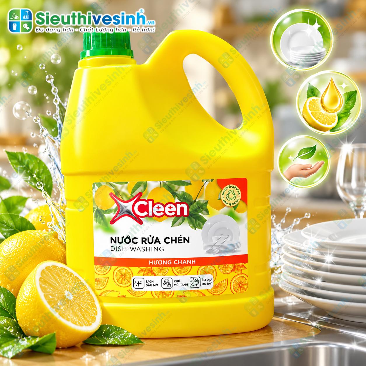 Nước rửa chén X-Cleen hương chanh can 3.6kg dùng làm sạch chén đĩa, ly cốc và dụng cụ nhà bếp.