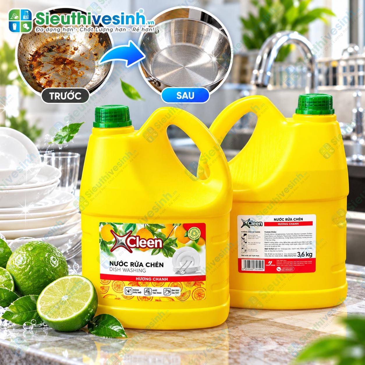 Nước rửa chén X-Cleen hương chanh can 3.6kg dùng làm sạch chén đĩa, ly cốc và dụng cụ nhà bếp.