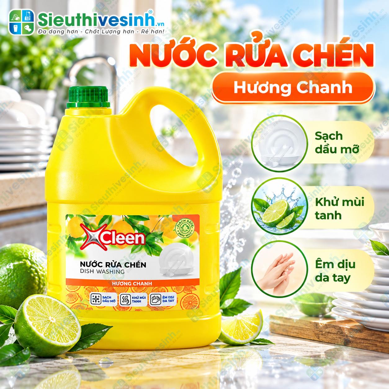 Nước rửa chén X-Cleen hương chanh can 3.6kg dùng làm sạch chén đĩa, ly cốc và dụng cụ nhà bếp.