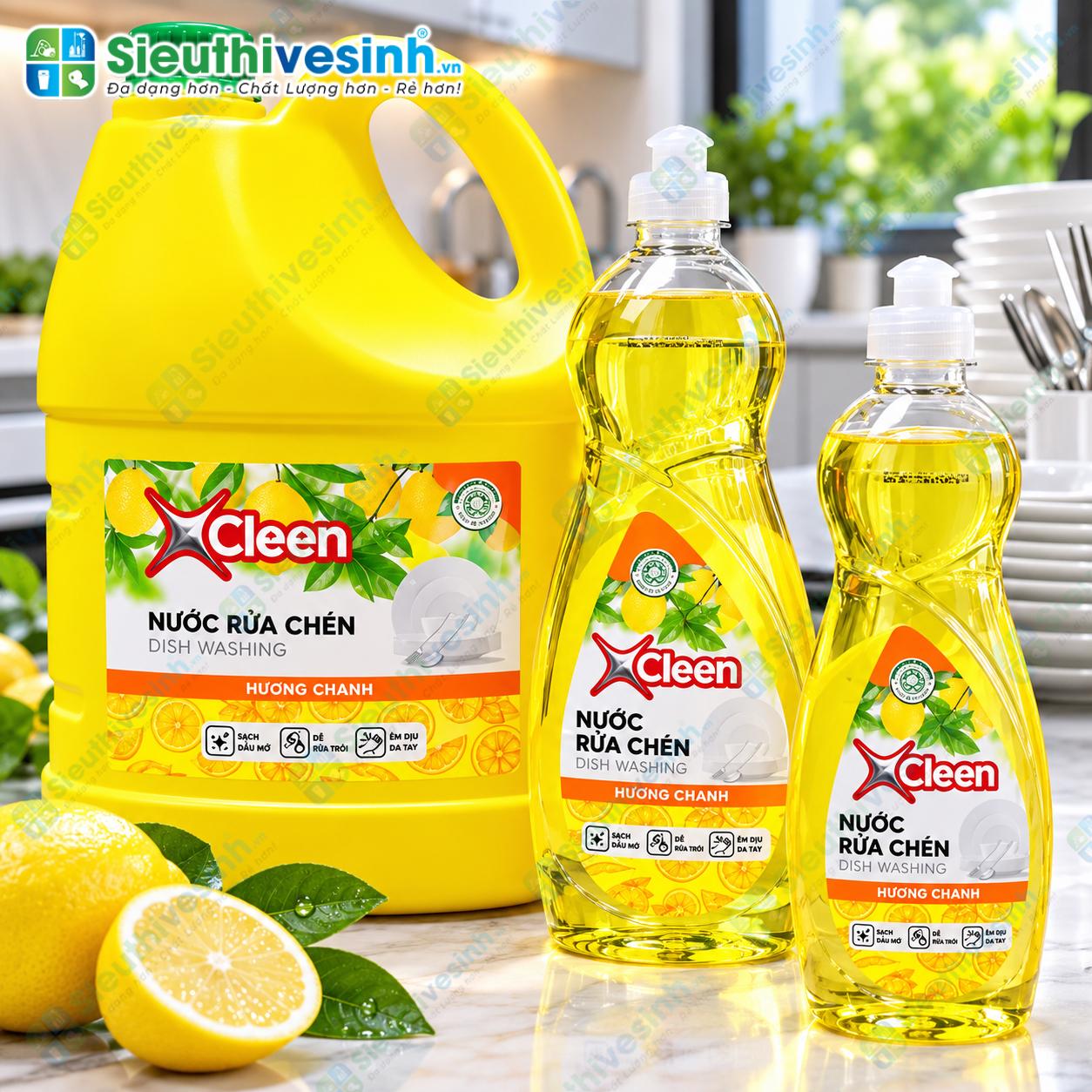 Nước rửa chén X-Cleen hương chanh can 3.6kg dùng làm sạch chén đĩa, ly cốc và dụng cụ nhà bếp.