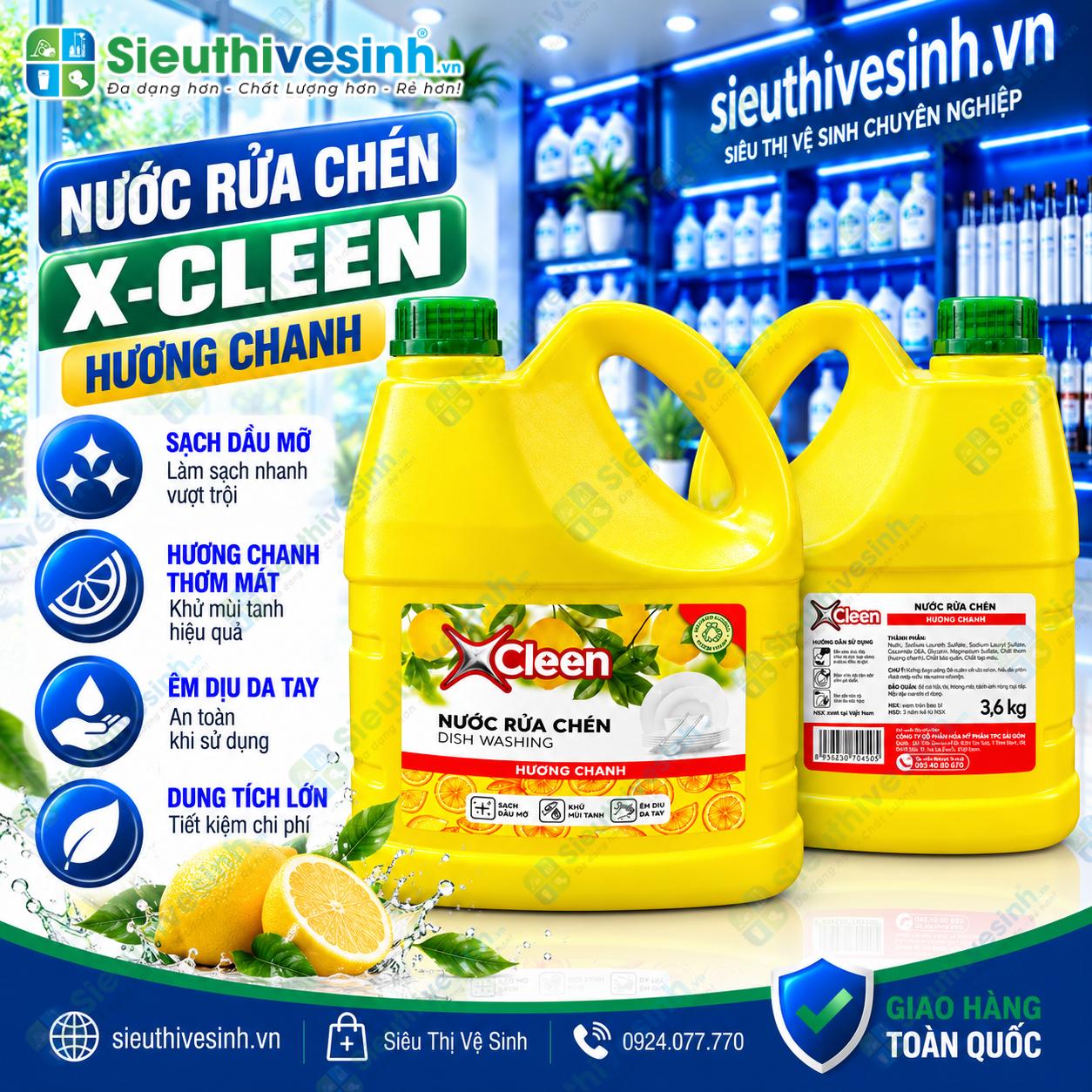 Nước rửa chén X-Cleen hương chanh can 3.6kg dùng làm sạch chén đĩa, ly cốc và dụng cụ nhà bếp.