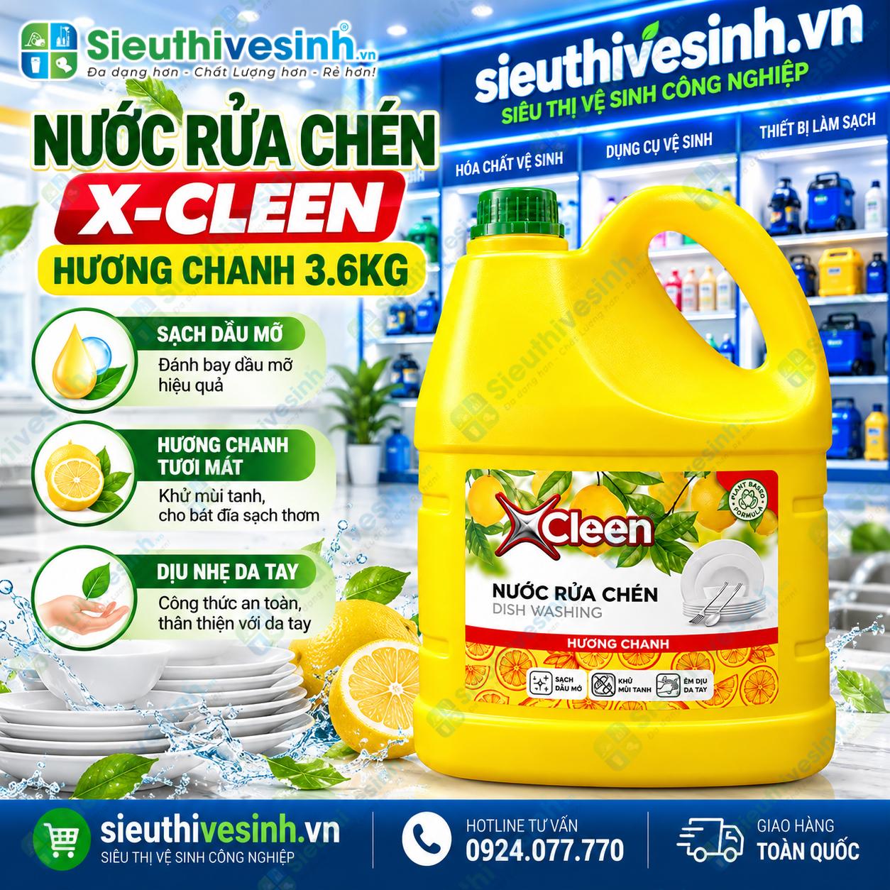 Nước rửa chén X-Cleen hương chanh can 3.6kg dùng làm sạch chén đĩa, ly cốc và dụng cụ nhà bếp.