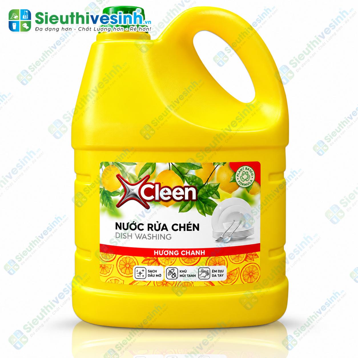 Nước rửa chén X-Cleen hương chanh can 3.6kg dùng làm sạch chén đĩa, ly cốc và dụng cụ nhà bếp.