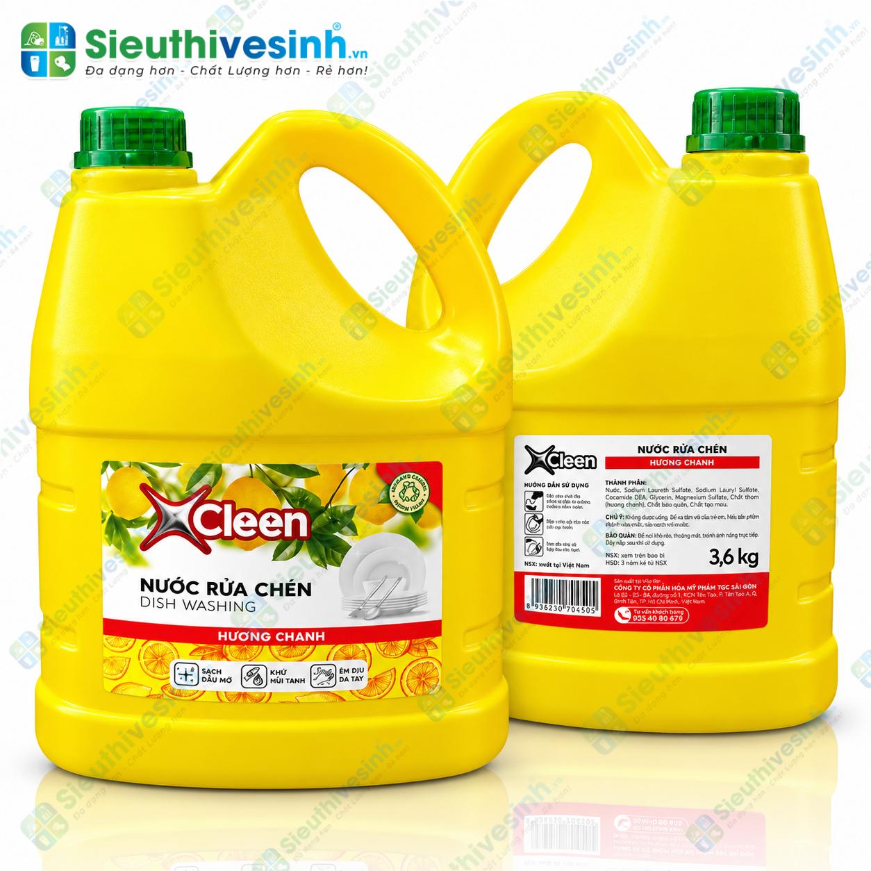 Nước rửa chén X-Cleen hương chanh can 3.6kg dùng làm sạch chén đĩa, ly cốc và dụng cụ nhà bếp.