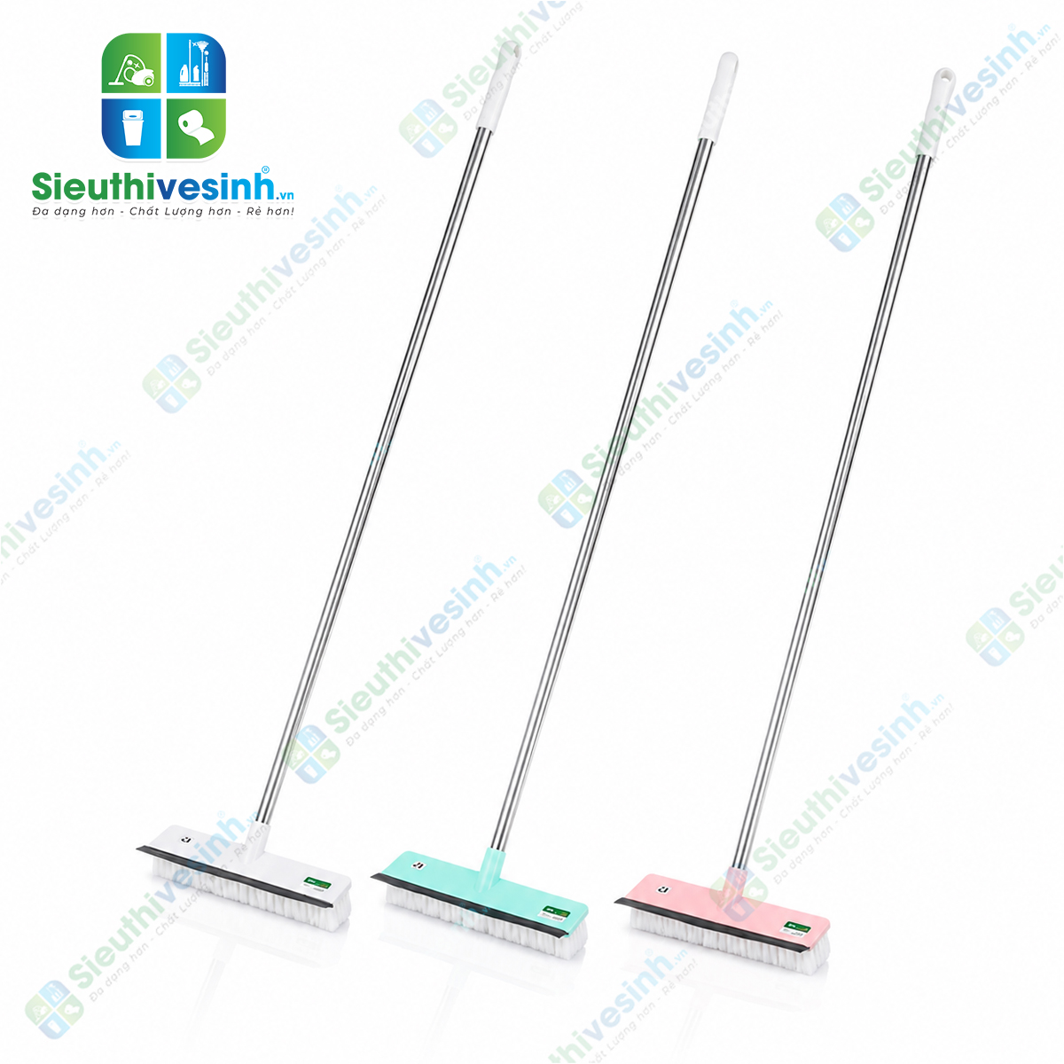 Chổi chà sàn kèm cào nước cán dài inox 2 chức năng giúp chà sạch bề mặt sàn và gạt nước nhanh chóng, tiện lợi cho gia đình, khách sạn, nhà hàng và vệ sinh công nghiệp.