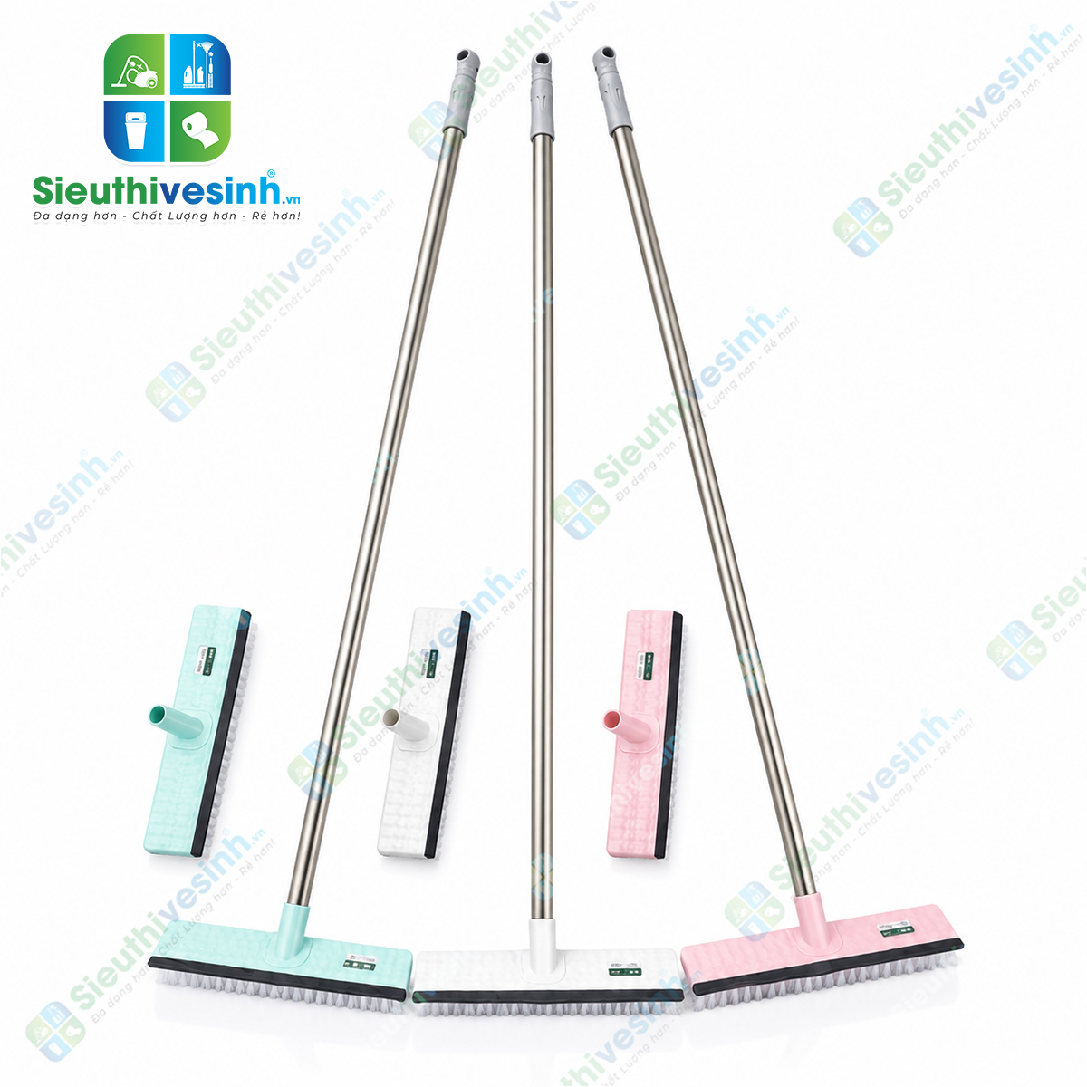 Chổi chà sàn kèm cào nước cán dài inox 2 chức năng giúp chà sạch bề mặt sàn và gạt nước nhanh chóng, tiện lợi cho gia đình, khách sạn, nhà hàng và vệ sinh công nghiệp.