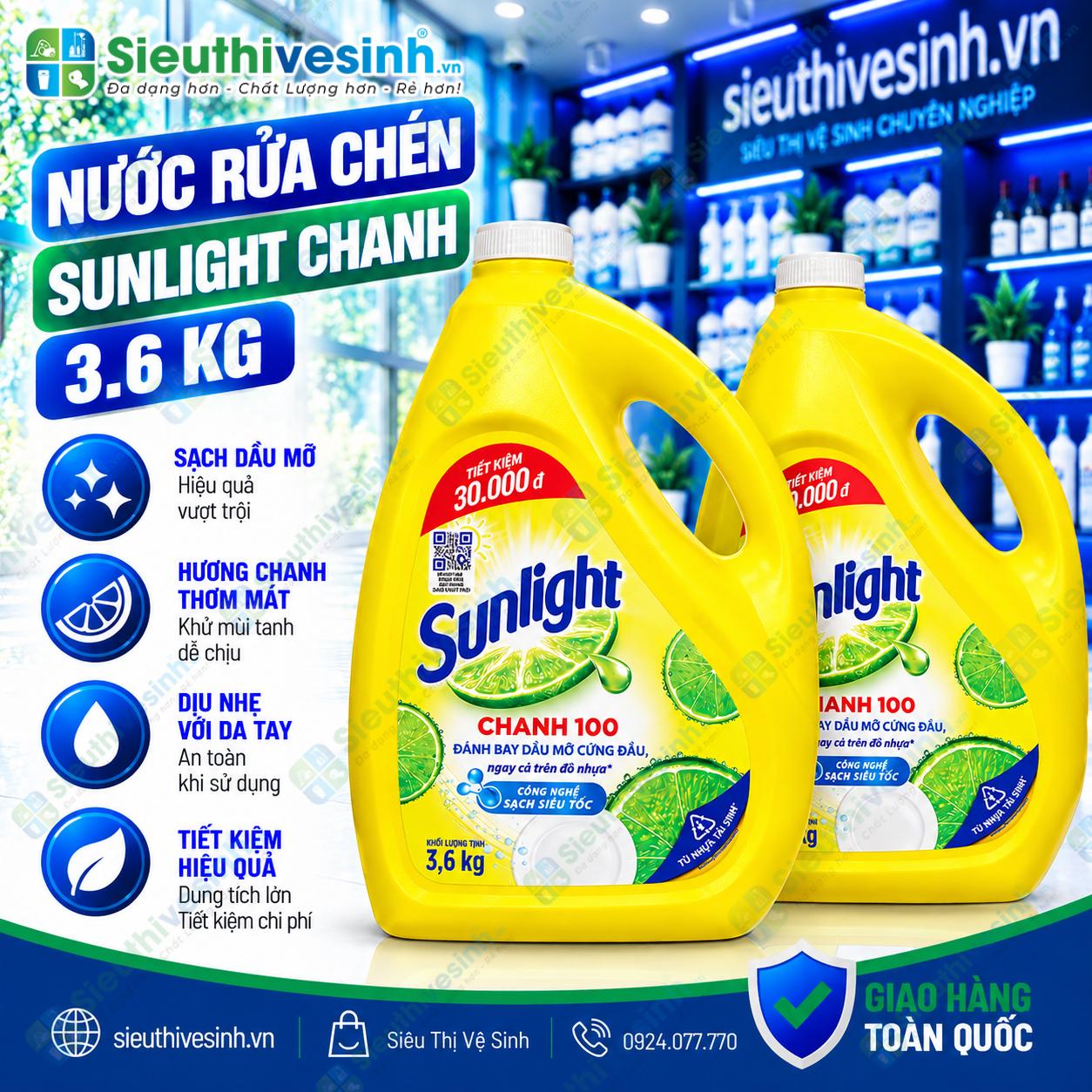 Nước rửa chén Sunlight Chanh 3.6kg dùng làm sạch chén đĩa, ly cốc và dụng cụ nhà bếp.
