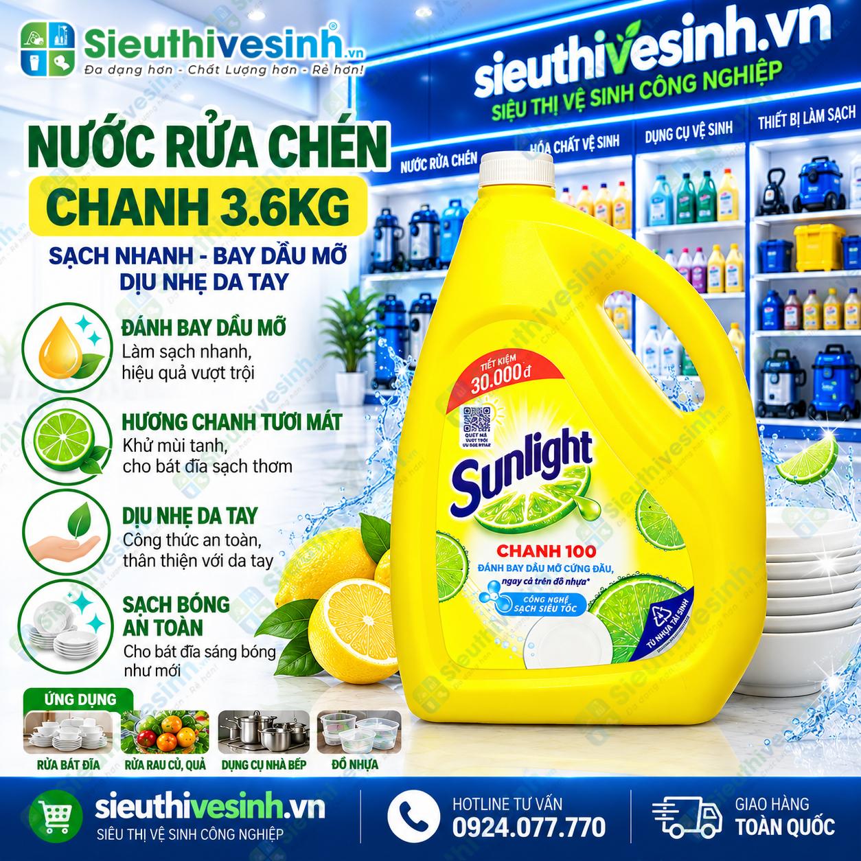 Nước rửa chén Sunlight Chanh 3.6kg dùng làm sạch chén đĩa, ly cốc và dụng cụ nhà bếp.