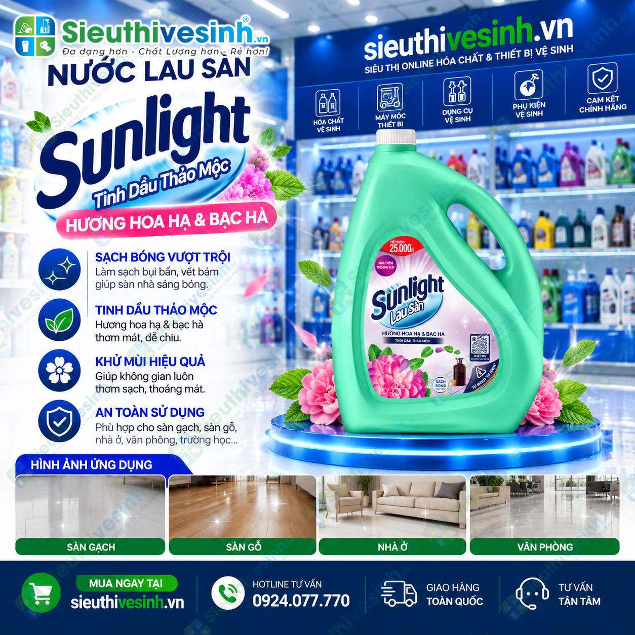 Nước lau sàn Sunlight tinh dầu thảo mộc hương hoa hạ và bạc hà can 3.6kg