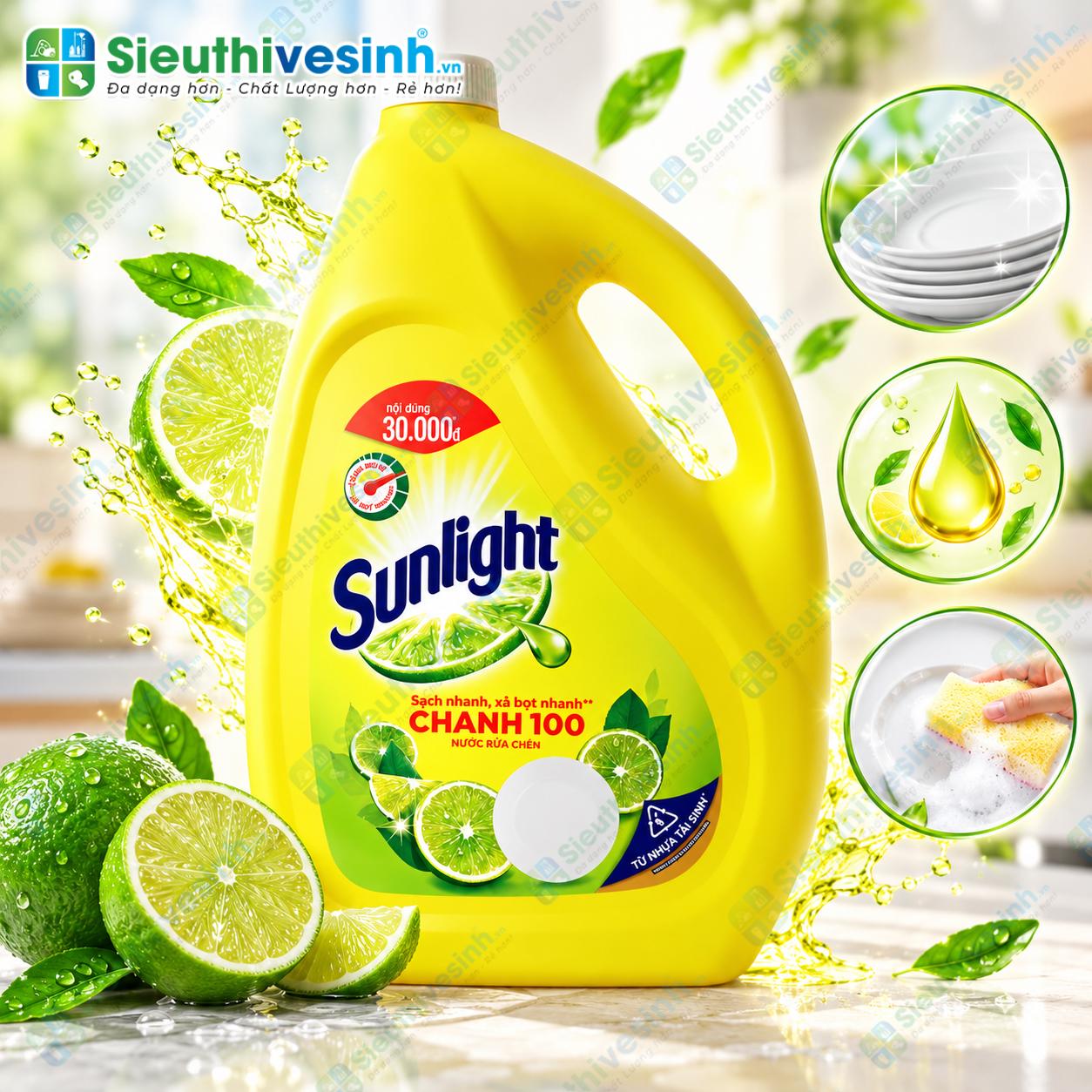 Nước rửa chén Sunlight Chanh 3.6kg dùng làm sạch chén đĩa, ly cốc và dụng cụ nhà bếp.